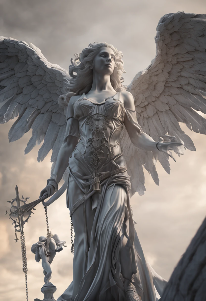 a close up of a statue of an angel with wings, the angel of death, angel of death, unreal engine render + a goddess, villainess has black angel wings, the angel of death with a halo, angel in plastic armor, flowing white robes, portrait of the angel of death, angel knight gothic girl, full - body majestic angel, angel protecting woman, cover art, grasp on to life, hanging on to life