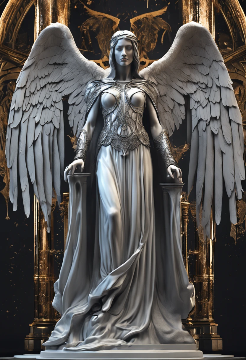 a close up of a statue of an angel with wings, the angel of death, angel of death, unreal engine render + a goddess, villainess has black angel wings, the angel of death with a halo, angel in plastic armor, flowing white robes, portrait of the angel of death, angel knight gothic girl, full - body majestic angel, angel protecting woman, cover art, grasp on to life, hanging on to life