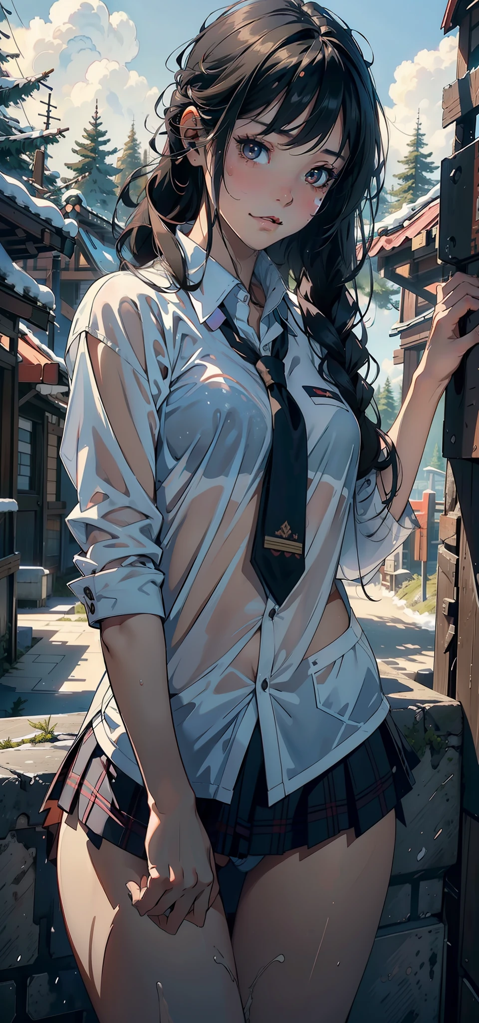 1female,,bit girl,super adorable,smallunderboob,Pornographic exposure, 独奏,(Background with:hilltop,coniferous forest,at winter season,Snow on the ground,exteriors) Feel free to hairstyle,Stride,Sweat profusely,drenched all over the body,seen from the front,Long black hair , mostly cloudy sky,(((tmasterpiece),(Very detailed CG unity 8K wallpaper),best qualtiy,cinmatic lighting,detailed back ground,beatiful detailed eyes,Bright pupils,(Very fine and beautiful),(Beautiful and detailed eye description),ultra - detailed,tmasterpiece,)),face to the viewer,frontage,A high resolution,ultra - detailed)nakeness,Wipe off panties,revealing breasts,Bare genitalia, Bulge,Camel toes,Raised sexy,Lewd expression,Flushed complexion,Open-mouthed,frontage,elementary student,(Wearing:Expose elementary school uniforms)