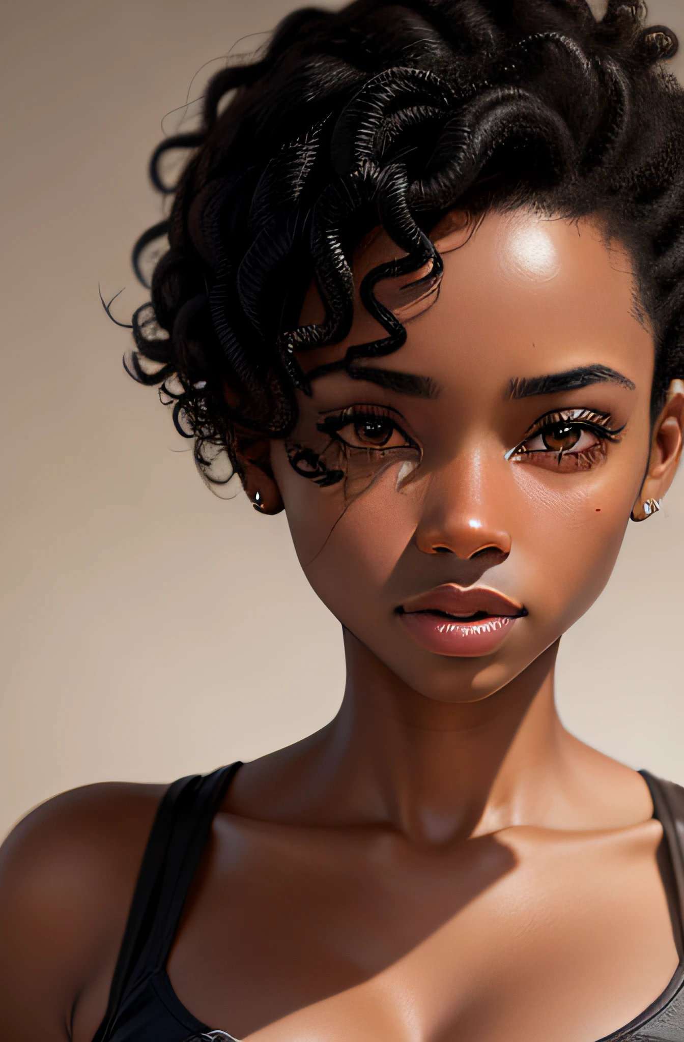 "ultra realistic portrait of a 25-year-old African woman with curly short black hair, emphasizing the natural beauty of her face, set against a clean white background without arings and with a realistic neck"