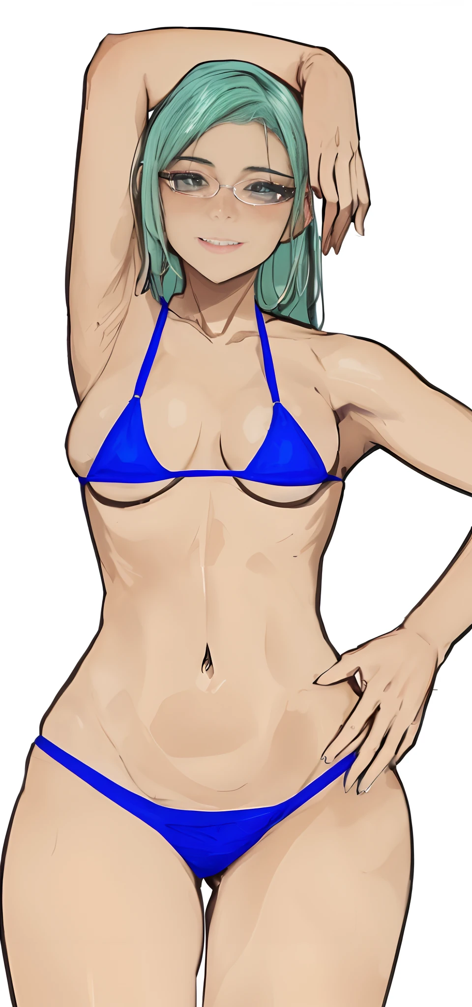 A drawing of a woman in a bikini posing for a photo, bikini blue, roupa de banho, Pose variada, hands behind her body pose!, perfect hands, Dedos corretos, olhos vermelhos realista, sorrir, cabelo verde, corpo sensual