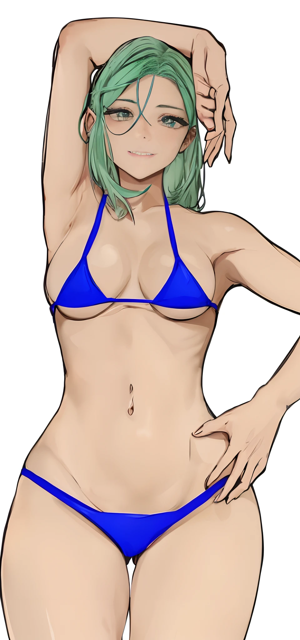 A drawing of a woman in a bikini posing for a photo, bikini blue, roupa de banho, Pose variada, hands behind her body pose!, perfect hands, Dedos corretos, olhos vermelhos realista, sorrir, cabelo verde, corpo sensual