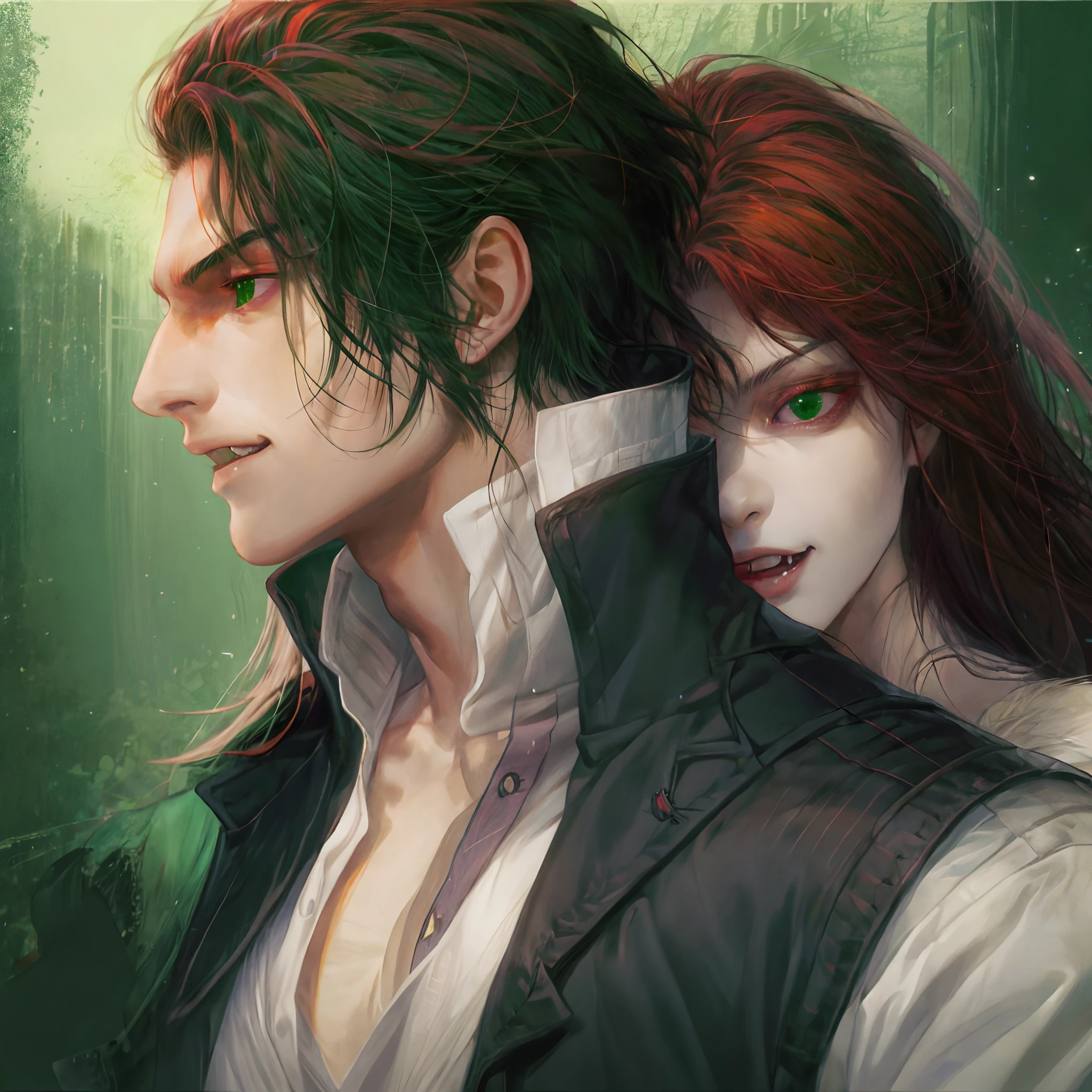 (masterpiece, best quality), 2others, couple, a male vampire, dark hair and pale skin, fangs out, standing behind and gazing at the neck of a human woman, auburn hair, green eyes, Height difference, upper body, front view, sexy, sensual, white background,