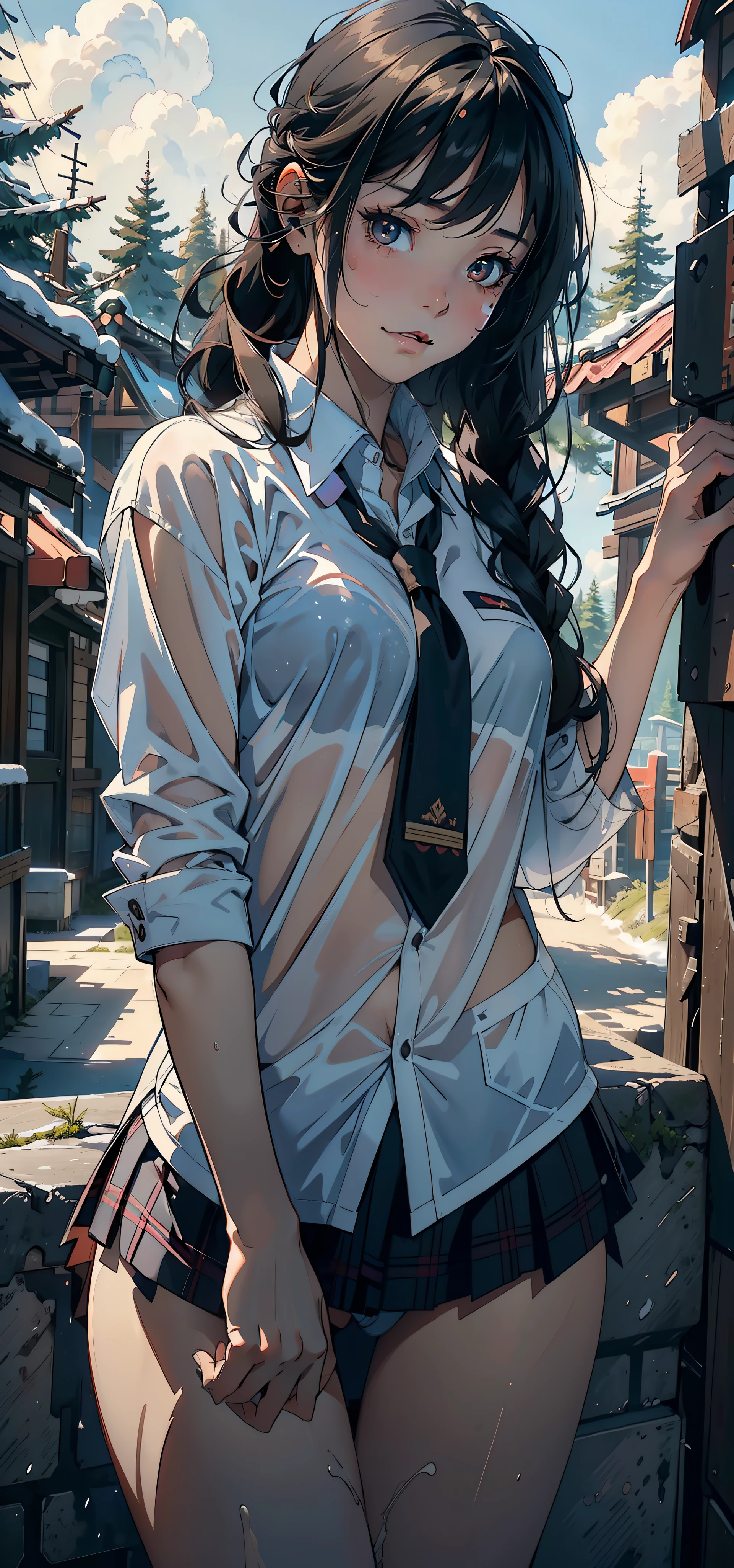 1female,,bit girl,super adorable,smallunderboob,Pornographic exposure, 独奏,(Background with:hilltop,coniferous forest,at winter season,Snow on the ground,exteriors) Feel free to hairstyle,Stride,Sweat profusely,drenched all over the body,seen from the front,Long black hair , mostly cloudy sky,(((tmasterpiece),(Very detailed CG unity 8K wallpaper),best qualtiy,cinmatic lighting,detailed back ground,beatiful detailed eyes,Bright pupils,(Very fine and beautiful),(Beautiful and detailed eye description),ultra - detailed,tmasterpiece,)),face to the viewer,frontage,A high resolution,ultra - detailed)nakeness,Wipe off panties,revealing breasts,Bare genitalia, Bulge,Camel toes,Raised sexy,Lewd expression,Flushed complexion,Open-mouthed,frontage,elemaring:Expose elementary school uniforms)