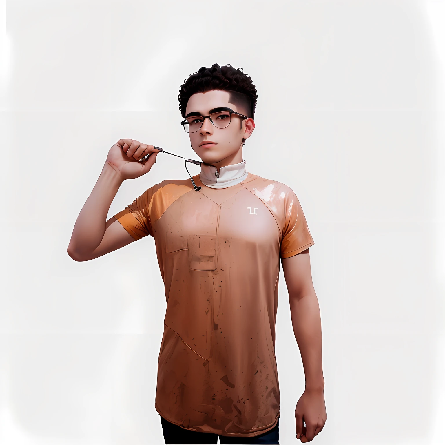 Young man standing with metal arms, Soviet spacesuit, glasses with black lens, na frente da bandeira do brasil