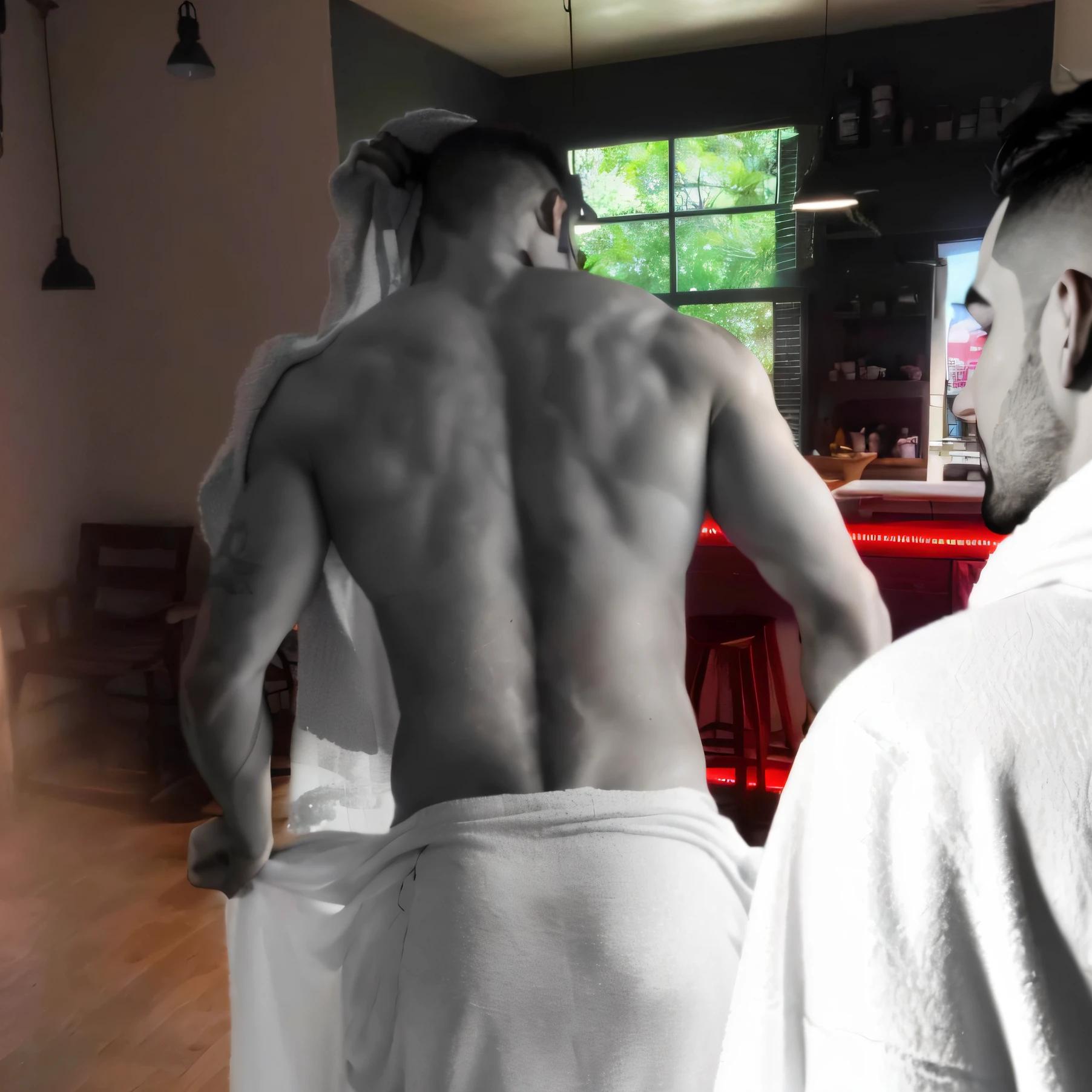 There are two men in a room with a towel, from the back, de costas viradas, Costas - Tiro, costas nuas, his back is turned, tiro traseiro, from the back, tiro pelas costas, tiro nas costas, Backview, seen from back, usando uma toalha, view of the back, crescimento total a partir das costas, tiro traseiro