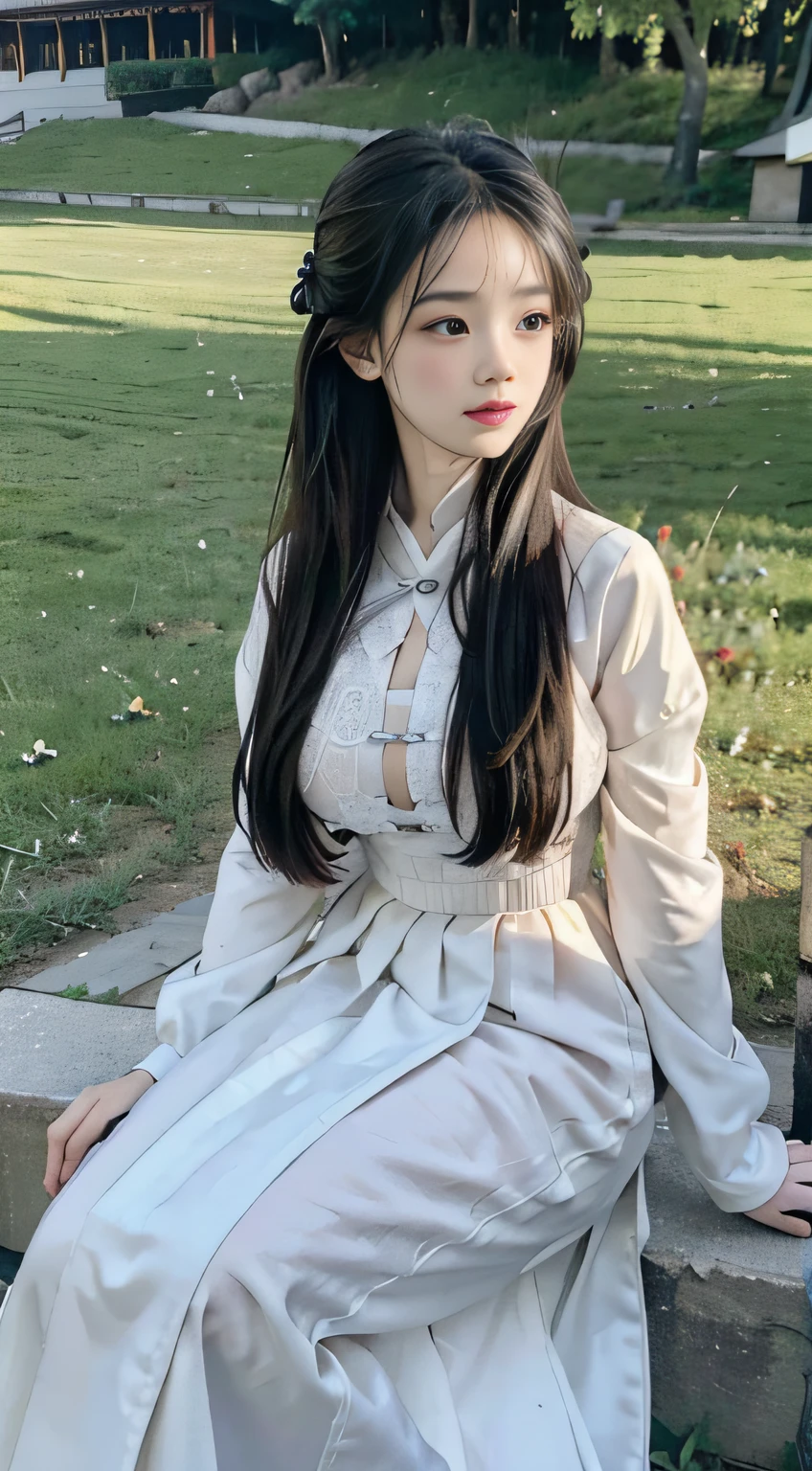 Master quality, highest quality, best picture quality, exaggerated details, a cute 8 asian little gth a shy expression, slightly squinted eyes, adjusting her hair, long eyelashes (long hair / very, very exaggerated big breasts, big tits / in petticoat dress tissue, ), posing sit in front of the camera, wet breast hanfu, slim and tall waist, silk lace, xintong chen, with open v acient chinese clothes, detail breast , detail cheast