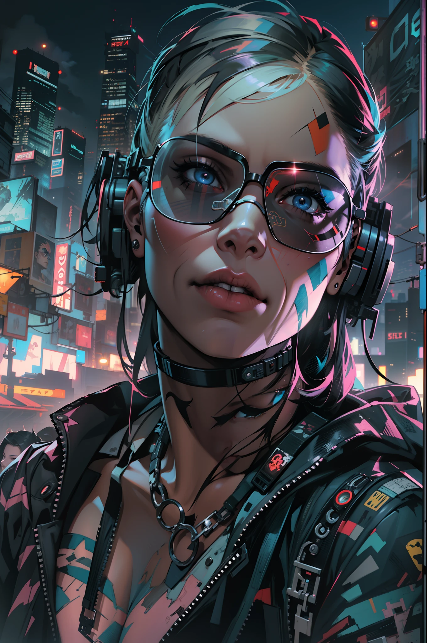 Cyberpunk portait beautifull woman, night cyberpunk city skyline, snthwve style nvinkpunk, by jeremy mann, by sandra chevrier, by dave mckean and richard avedon and maciej kuciara, punk rock, tank girl, high detailed, 4k, RTX