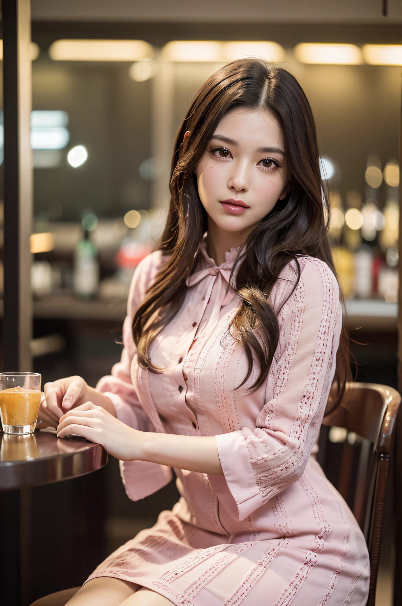 (Masterpiece:1.5, Best quality:1.5), Realistic, (Ultra photo realsisim:1.5), (photograph realistic:1.5), (Real picture, Intricate details), view the viewer, (8K wallpaper:1.5), (sportrait:1.15), (Detailed face:1.5), (Detailed eyes:1.5), (clear photo),Highly detailed, Ultra-detailed, 超高分辨率, (strong depth of field:1.5) Style - charming location - sitting on a stool in front of the nightclub bar, Background - bar & Wine rack theme - Woman in pink shirt Dress view - Front view appearance - Brown half lace-up long hair, Bright eyes,(Ruddy cheeks:1.4) Clothing - pink shirt dress pose - sit straight in front,Look down at the camera Details - in front of the nightclub bar in the background Effect - dim lighting,the soft light,Light and dark contrast:1.4, Description - A sexy woman enjoying her time in front of a nightclub bar, Beautiful views around. She wore a pink shirt dress,A soft spotlight shines on the girl,Playful Atmosphere.