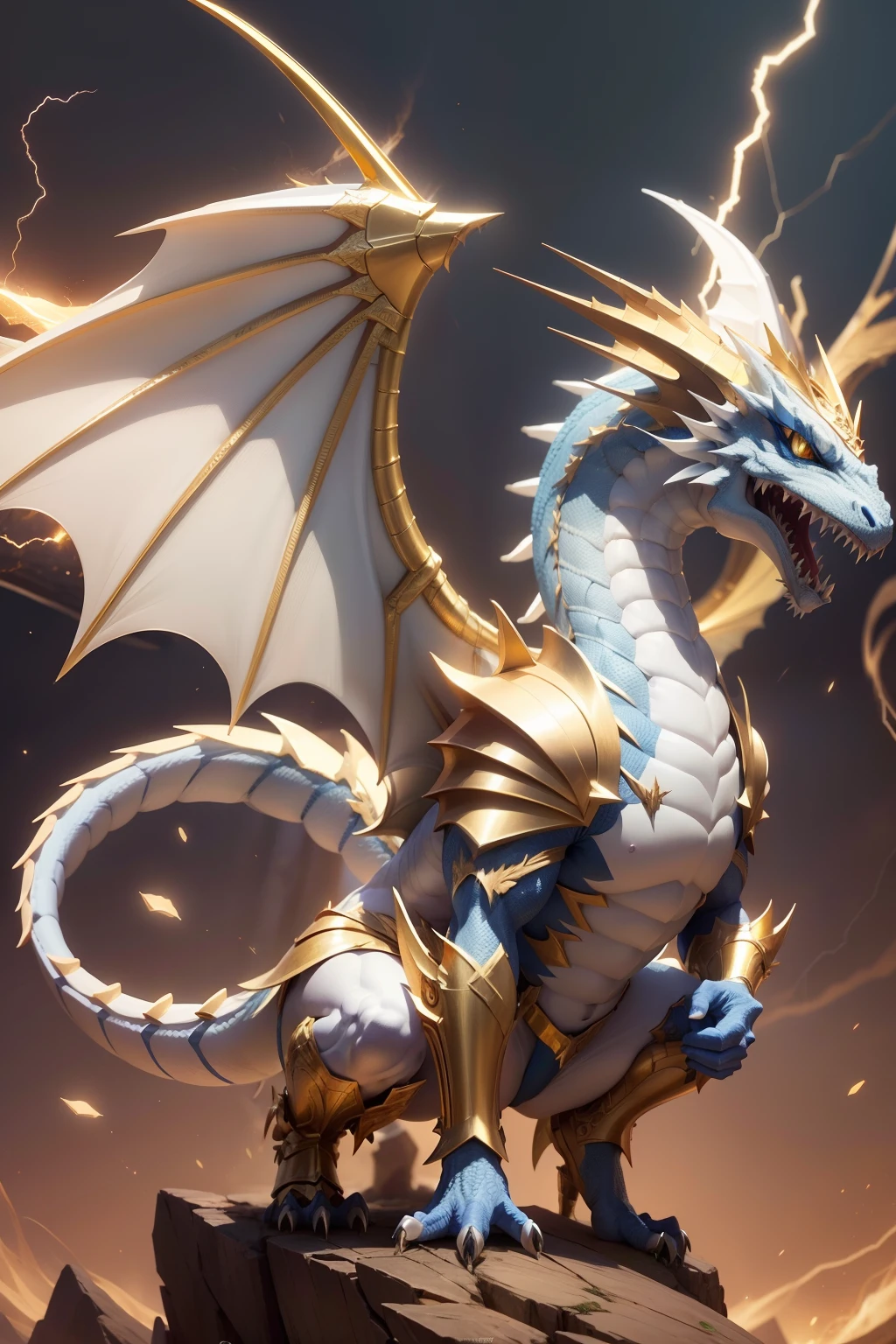 White full-bodied dragon add lightning in mouth add gold armor add large wings, dourado. boca fechada, dentes afiados, relampago Azul