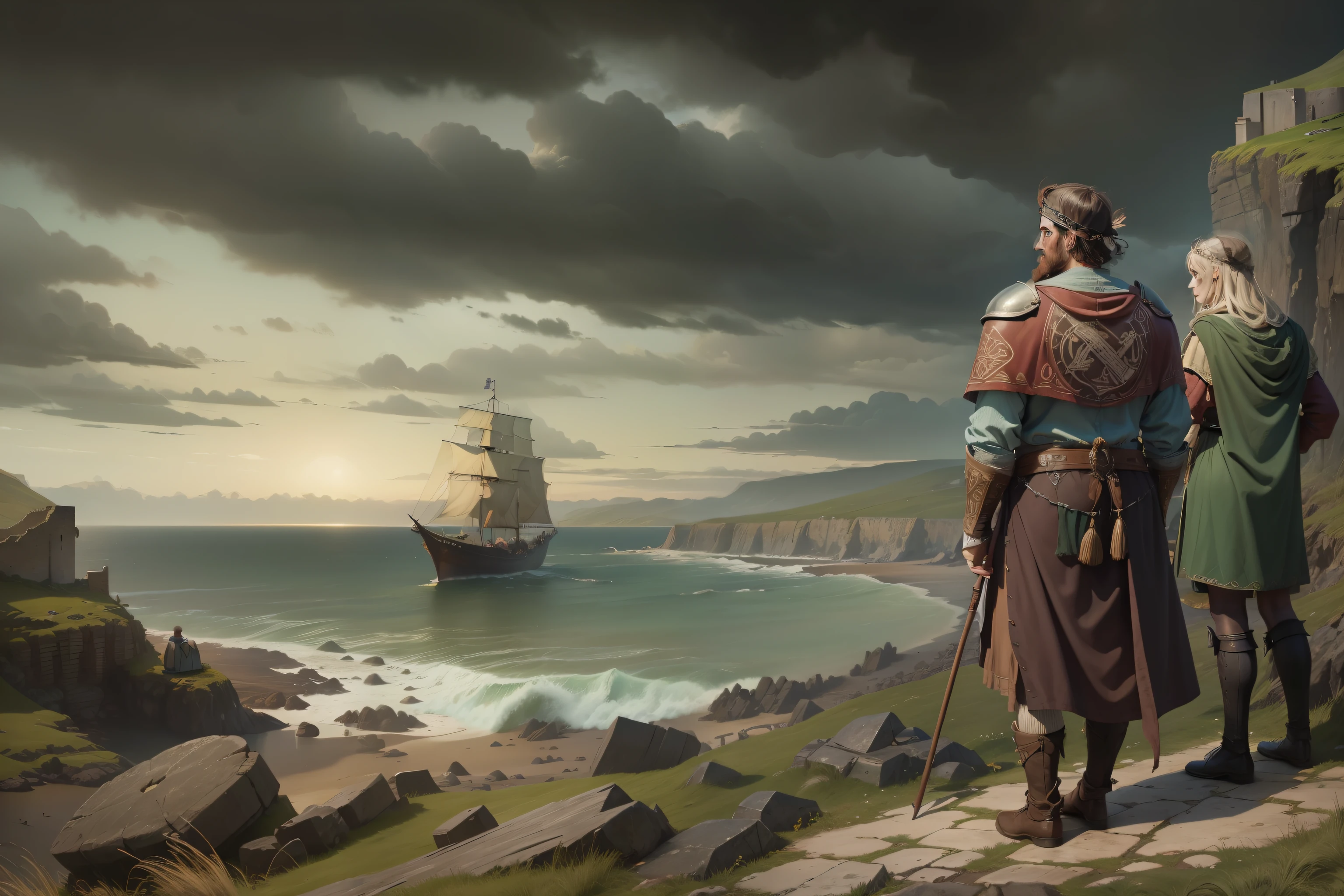 dark ages, In the foreground, a couple of Celtic natives in a rough coastal landscape watch the sea. In the distance, a Roman vessel approaches, 536 A.D