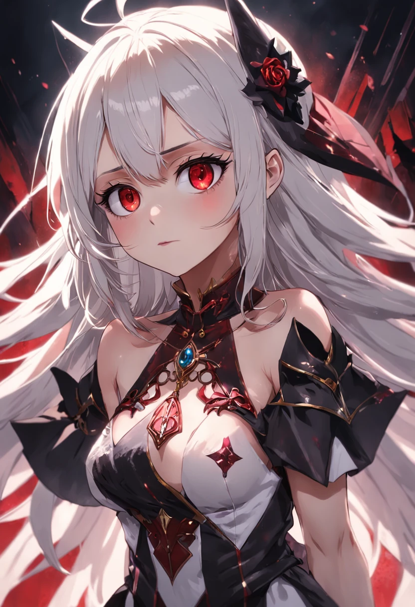 ((tmasterpiece、necesitar、ultra delicado、A high resolution)), solo, una chica de belleza，Vampiros，Trajes nobles， ojos brillantes，pupilas rojas, ojos perfectos, 21yo, Tema de oro blanco y negro,Tema de sangre