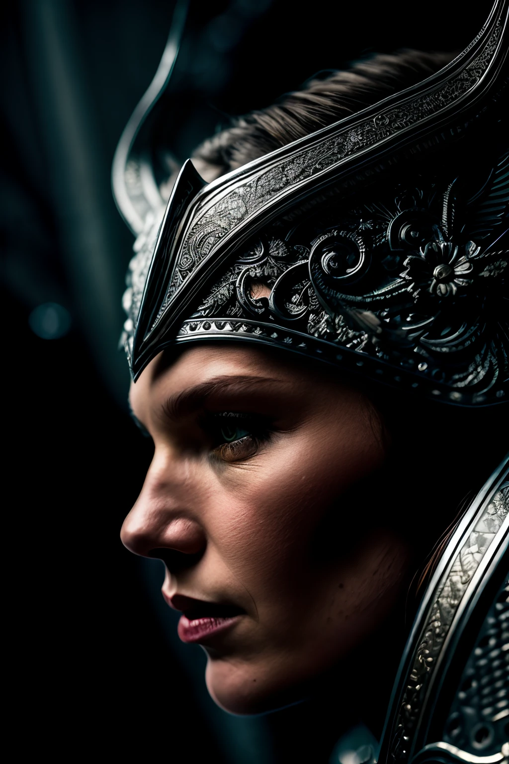 moody RAW centered photo of a [Valkyrie:Sylvia Hoeks:15], (silver headband:wing:0.6) intricate, highly detailed, (wearing armor, highly detailed:1.2), (background inside brimstone:1.2), 8k uhd, dslr, soft lighting, high quality, film grain, Fujifilm XT3 in the style of Tomasz Alen Kopera