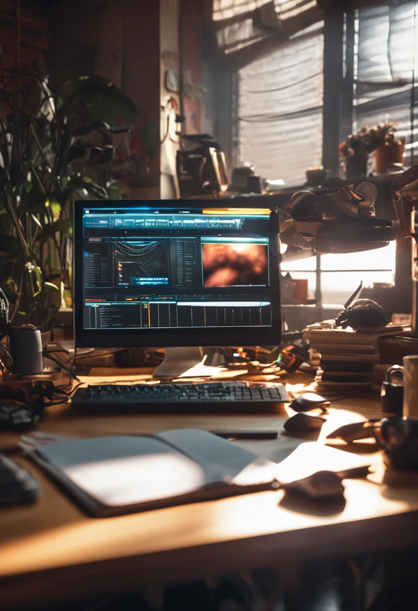 A graphic designer's work environment showing his or her masterpiece work environment, melhor qualidade, filme ainda, close-up, brilhante, feliz, Soft lighting and Warm,imagem realista,4k ,Canon Photo Camera (Sparks: 0,7)