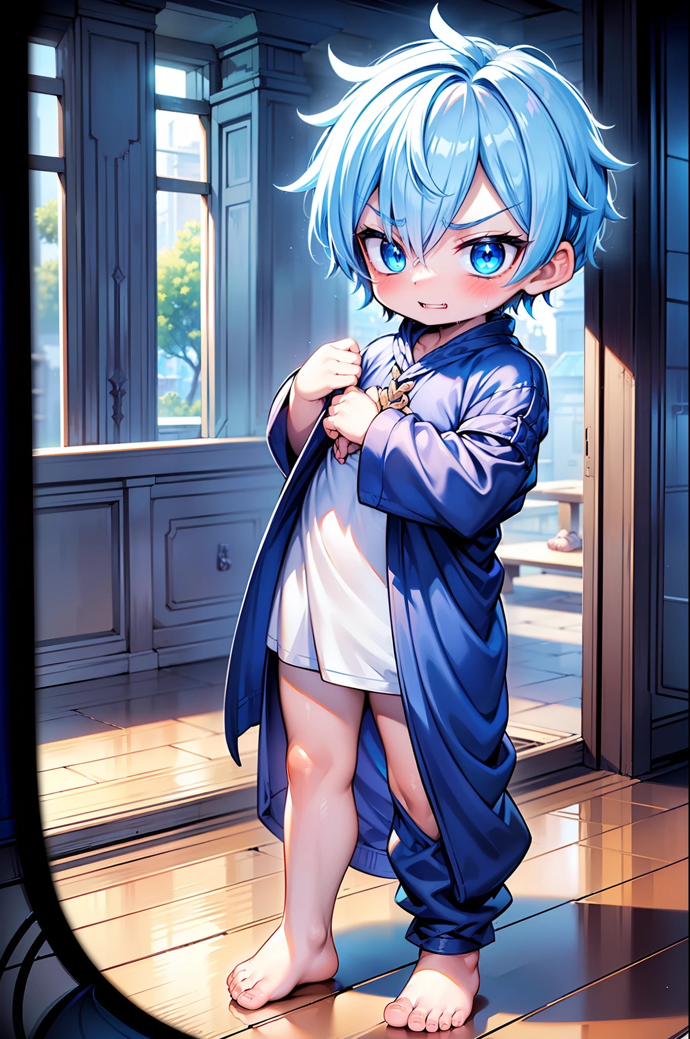 4k, (Masterpiece:1), Little boy with blue colored hair and shiny, glowing cyan eyes and barefoot, standing on field, epic, cinematic, young, boy, child, small, toddler, tiny feet, focus on feet, feet, blushing, (Young:1.4), (Child:1.4), (Shota:1.4), (male:1.4), (boy:1.4), (evil clothes:1.5), (epic:1.4), (posing:1.4), (cinematic:1.4), (evil:1.6),