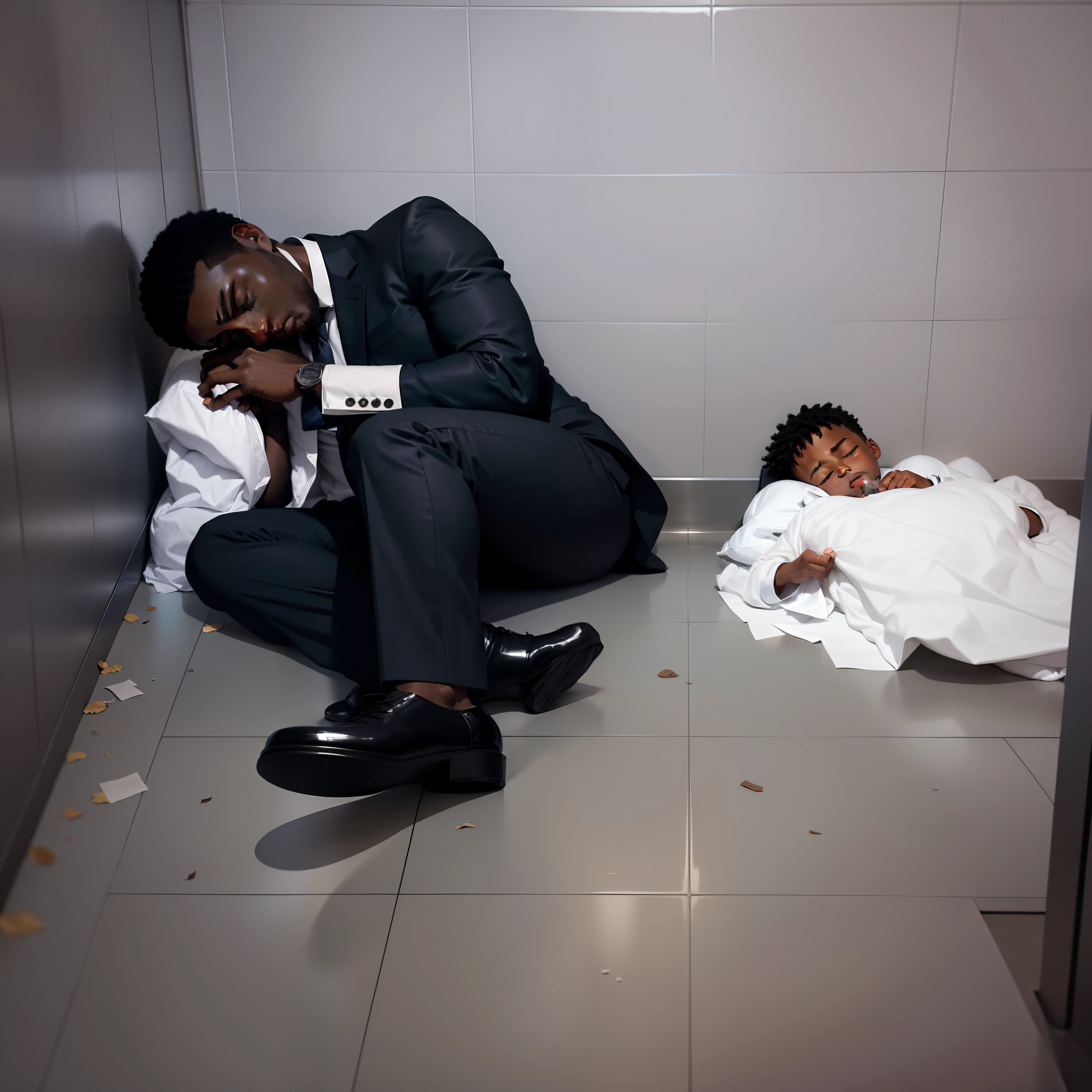 Black man in suit sleeping and small black boy sleeping with sheet in a public toilet