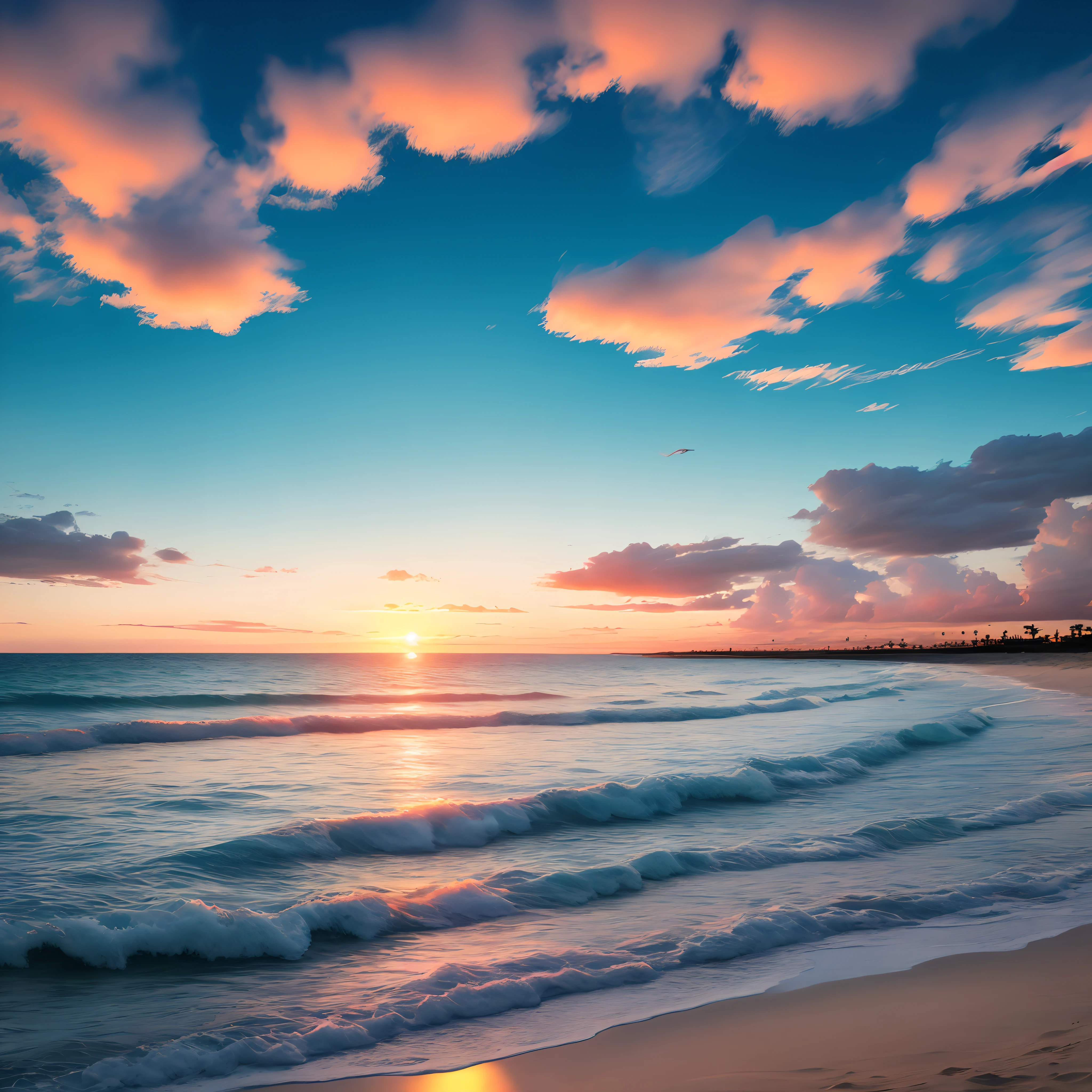 Beach with sunset blue water and dolphins