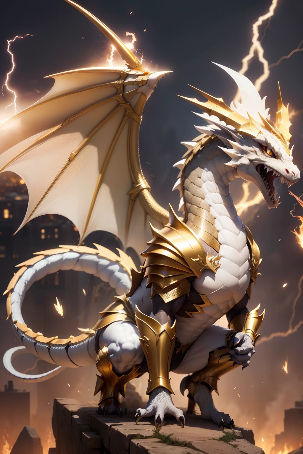 White full-bodied dragon add lightning in mouth add gold armor add large wings, dourado. boca fechada, dentes afiados