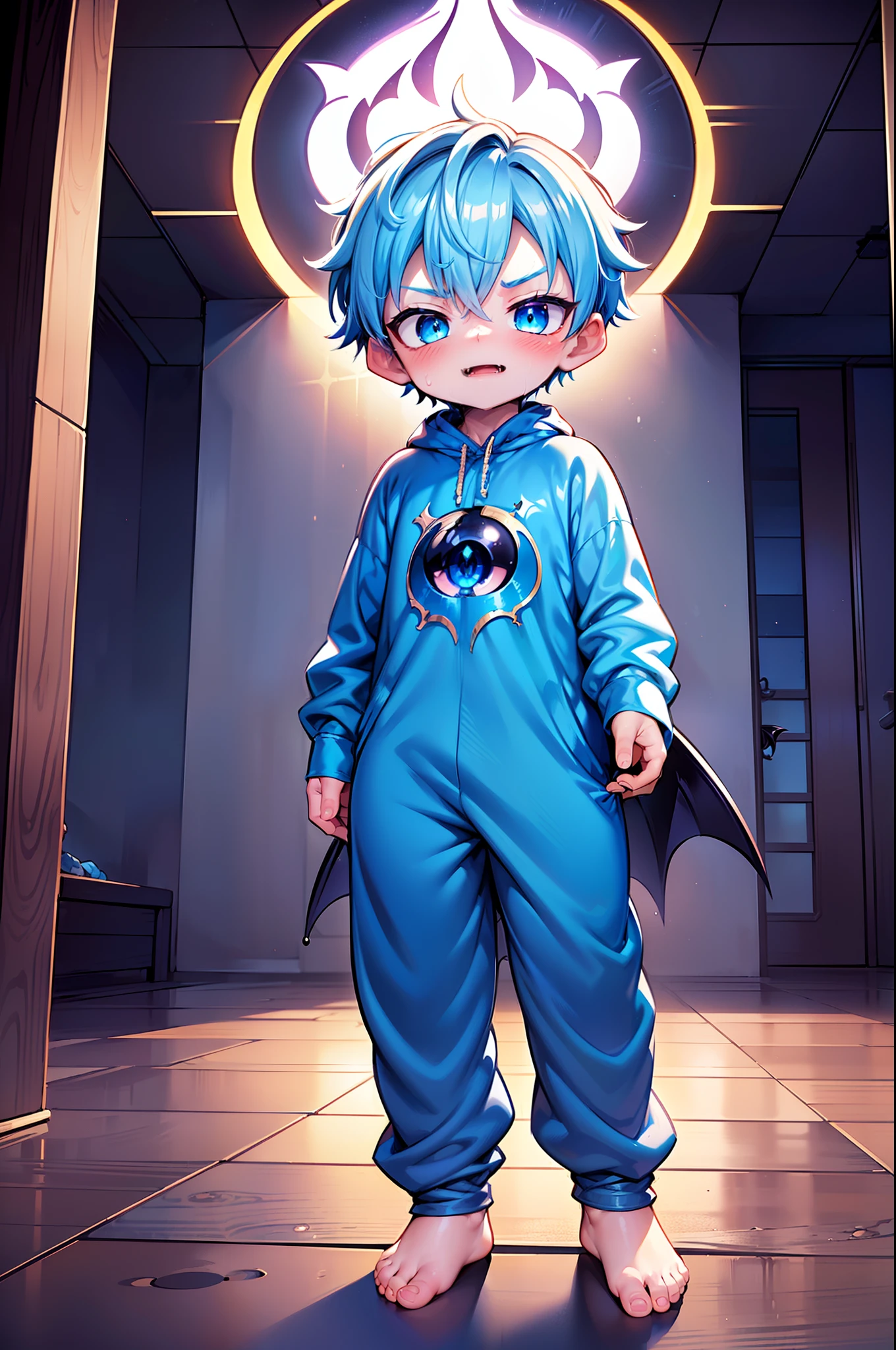 4k, (Masterpiece:1), ********** with blue colored hair and shiny, glowing cyan eyes and barefoot, standing on field, epic, cinematic, young, boy, child, small, toddler, tiny feet, focus on feet, feet, blushing, (Young:1.4), (Child:1.4), (Shota:1.4), (male:1.4), (boy:1.4), (evil clothes:1.5), (epic:1.4), (posing:1.4), (cinematic:1.4), (evil:1.6),