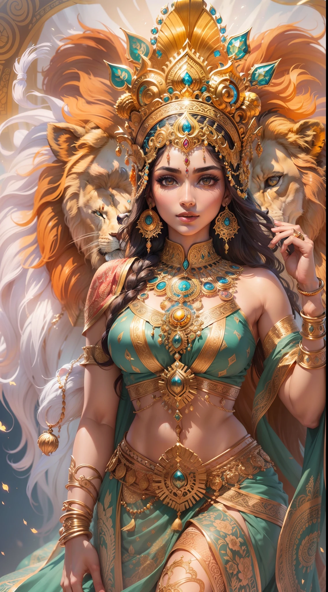 (highly detailed), (illustration), (intricate), (beautiful face), (attractive body), (complete body picture), modern indian goddess, (transparent clothes), dynamic pose, deity crown, (lion standing nearby), colorful, eye-catching, heavenly.