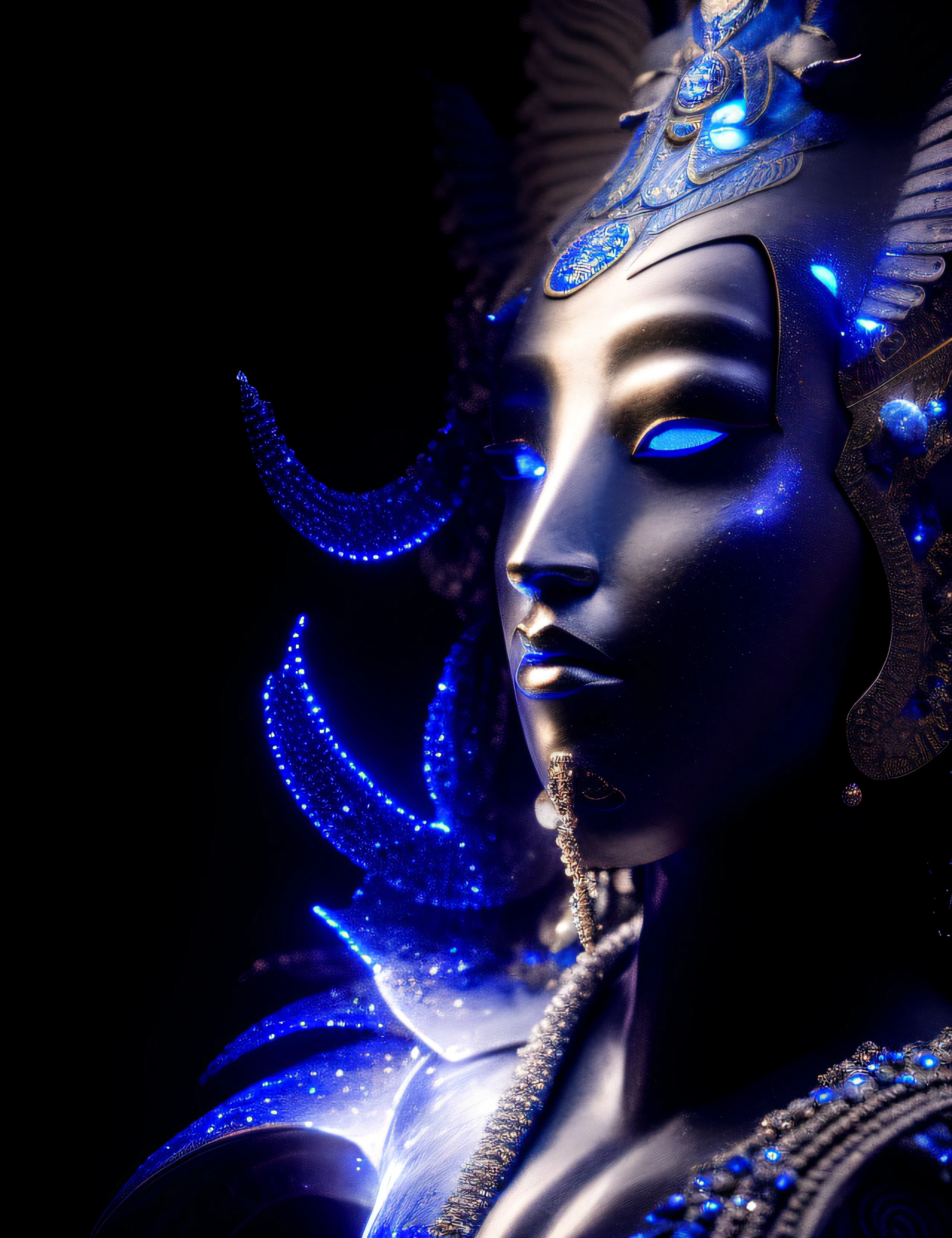 a close up of a statue of a woman with a blue and white face, portrait of a digital shaman, glowing blue face, hyperdetailed fantasy character, regal and menacing visage, blue djinn, blue face unreal engine, elaborate lights. mask on face, beautiful biomechanical djinn, digital art render, photo of ghost of anubis, digital fantasy character