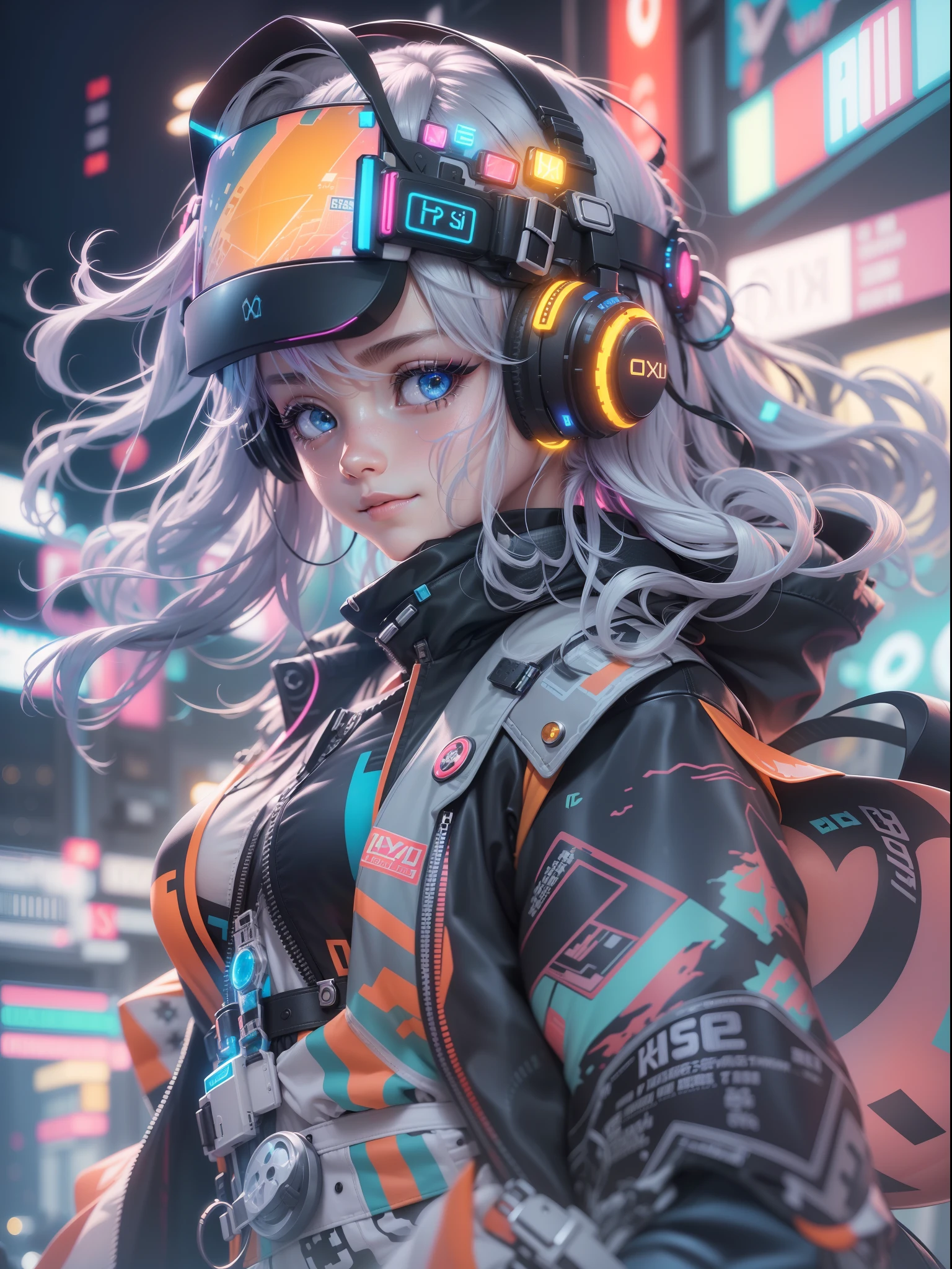 (cyberpunked),Optical camouflage、VR Goggles、Neon light、City of the Future、Jumpsuit、(1girl in, Solo:1.6),(Cute smile),(Clothes are simple), (Best Impact:1.5), (maximalism:1.7), Vivid contrast, (Realistic), hyperrealistic illustrations, hight resolution, ultra-detailliert, absurderes,(Fractal Art:1.3)、Random hairstyle、Random hair color colorful、FULL BODYSHOT、Retro、Precise focus、randome pose、cinema4d、Drama