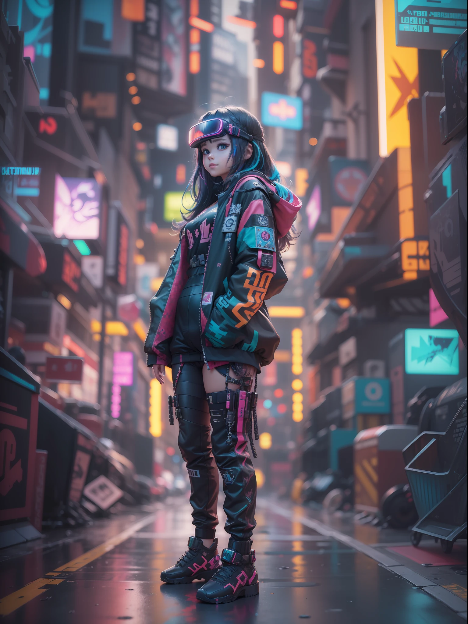 (cyberpunked),Optical camouflage、VR Goggles、Neon light、City of the Future、Jumpsuit、(1girl in, Solo:1.6),(Cute smile),(Clothes are simple), (Best Impact:1.5), (maximalism:1.7), Vivid contrast, (Realistic), hyperrealistic illustrations, hight resolution, ultra-detailliert, absurderes,(Fractal Art:1.3)、Random hairstyle、Random hair color colorful、FULL BODYSHOT、Retro、Precise focus、randome pose、cinema4d、Drama