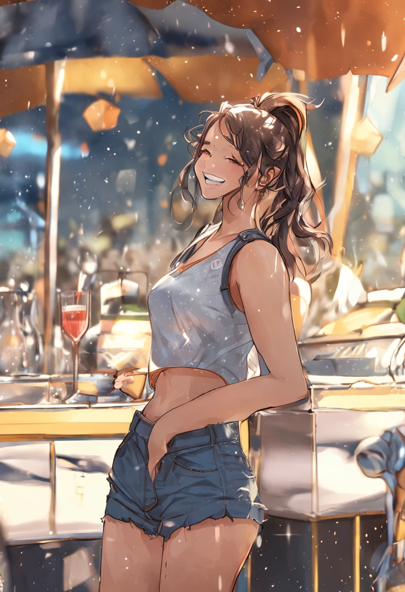 "Specifications: 8K Resolution, Optimal Quality: 1.2, Realistic Style, Enhanced Photorealism: 1.37, Crystal Clear Ultra High Definition, Subject: Teenage Girl (16 yrs old), 1 Girl, Cute, Smile, Closed Mouth, Beautiful Details, Beautiful Nose, Full Body, Wet Hair, Enchanting Smile, Graceful Closed Mouth, Exquisite Detailing, Lovely Nose, Complete Full Body, Glistening Wet Hair, Scenic Colossal Dalsefo, Pork short pants, carrying a gun