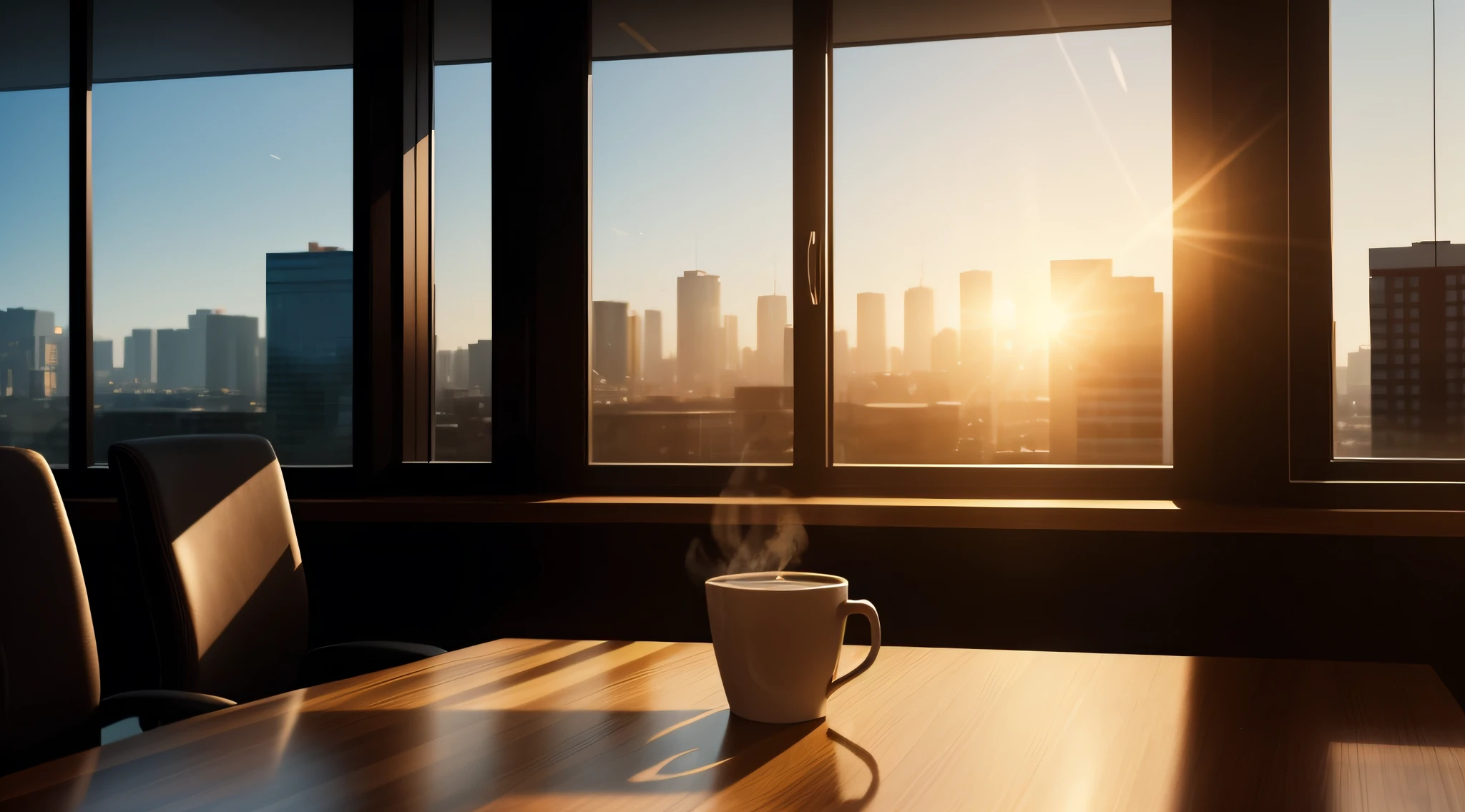 a cup of coffee on a office table with a window in the background, cinematic scene, perfect light, beautiful composition, realistic