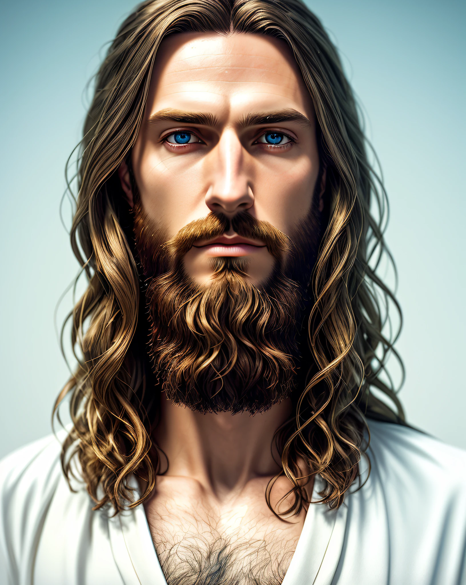 (symmetry),centered,a ((close)) up portrait,(Jesus),a very thin white man with long hair and a beard,wearing a long white robe,35mm,natural skin,clothes  detail, 8k texture, 8k, insane details, intricate details, hyperdetailedhighly detailed,realistic,soft cinematic light,HDR,sharp focus, ((((cinematic look)))),intricate, elegant, highly detailed