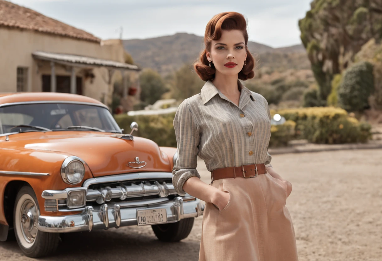 Woman in striped shirt and orange pants standing in front of a car, retro 6 0 s fashion, Vibes dos anos 1950, cores vintage 1 9 5 0 s, vestido como nos anos 1940, Estilo 5 0 s, Estilo anos 50, estilo retro 5 0 s, Directed by: Allan Linder, Estilo anos 60, (carro voador)), greg rutkowski octane render, Octane CGsociety retro future, fotografia de alta moda, Vogue Italy, lente amarela futurista, editorial de moda, Photographed on Hasselblad H4D 200MS Digital Camera, (((ultra realistic))), (((super detalhado))), Foto Natural, filmed on a professional camera, Corte nos EUA, HDR, 16k,
