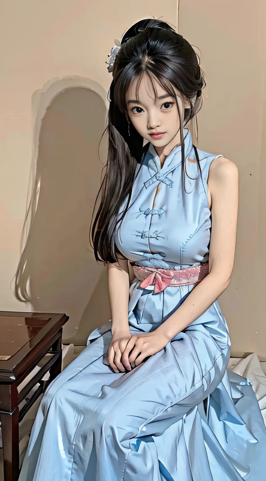 Master quality, highest quality, best picture quality, exaggerated details, a cute 8 year old asian little girl with a shy expression, slightly squinted eyes, adjusting her hair, long eyelashes (long hair / very, very exaggerated big breasts, big tits / in petticoat dress tissue, ), posing above look down sit in front of the camera, wet breast hanfu, slim and tall waist, silk lace, xintong chen, with open v acient chinese clothes, detail breast , detail cheast