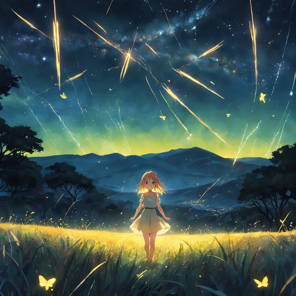 summer night, Magical night with colorful fireflies, fotografia de paisagem, de baixo, sky above and open field, (solo: 1.2), rosto olhando para a frente de uma mulher, standing with beam of yellow light around his body exhausting a beautiful power of a fairy , no estilo anime, brilhando como chamas, no campo de grama, olhando para cima, lua cheia, estrelas cadentes, nebulosa, algumas nuvens, linhas de montanha, brazi, obra-prima, melhor qualidade, 4k, ultra-detalhado, extremamente bonito, cinemactic, intrincado, qualidade hiperdetalhada e ultrarrealista, in a beautiful setting.