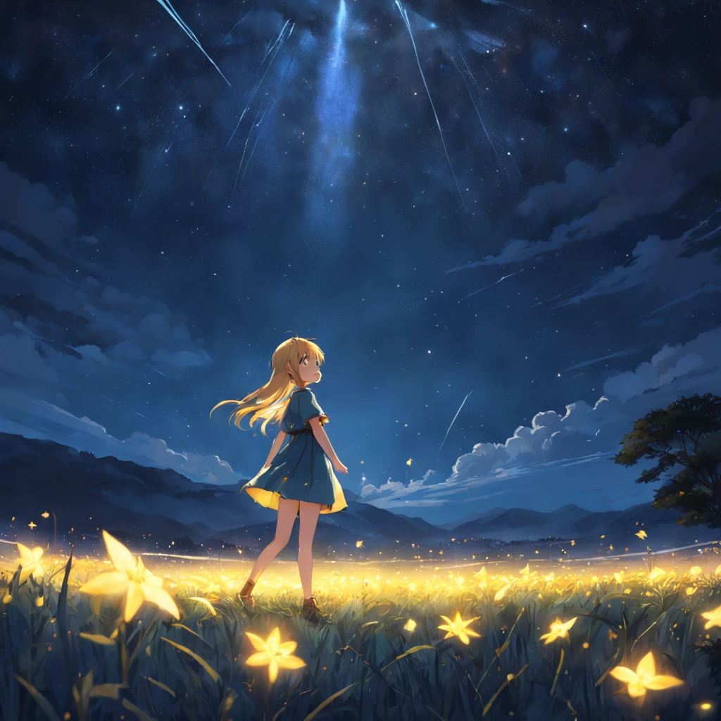 summer night, Magical night with colorful fireflies, fotografia de paisagem, de baixo, sky above and open field, (solo: 1.2), rosto olhando para a frente de uma mulher, standing with beam of yellow light around his body exhausting a beautiful power of a fairy , no estilo anime, brilhando como chamas, no campo de grama, olhando para cima, lua cheia, estrelas cadentes, nebulosa, algumas nuvens, linhas de montanha, brazi, obra-prima, melhor qualidade, 4k, ultra-detalhado, extremamente bonito, cinemactic, intrincado, qualidade hiperdetalhada e ultrarrealista, in a beautiful setting.