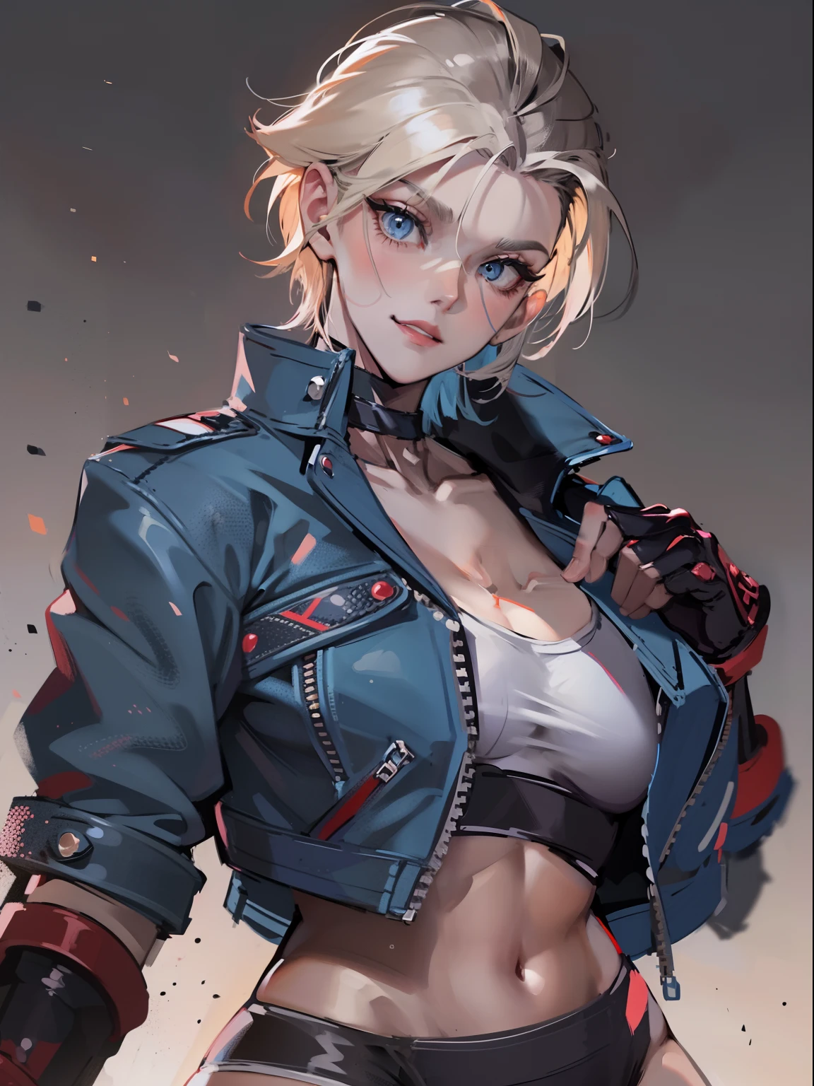 cammy white, short hair, antenna hair, blue eyes, scar on cheek, large breasts, black choker, collarbone, blue jacket, cropped jacket, open jacket, sports bra, midriff, fingerless gloves, black gloves, ((high cut thong lingery sexy)),light smile,ambient lighting