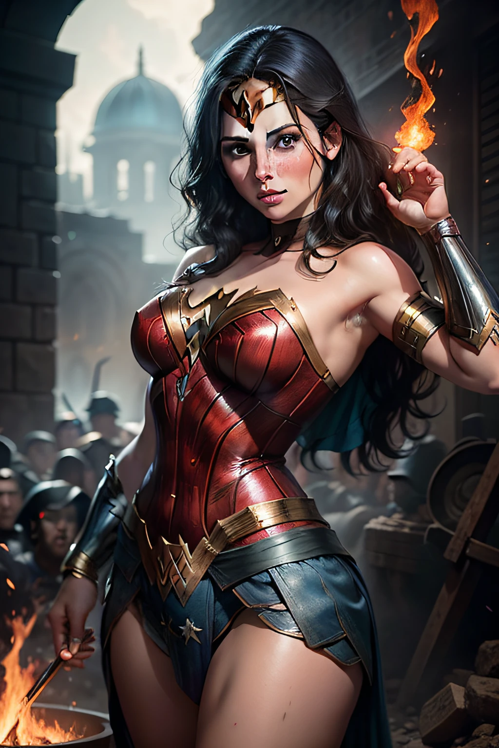 /imagine prompt: a realistic beautiful wonder woman in war cinematic:: 1800s::1 lava glow::1 DSLR::1 diego rivera::1 cyan::1 magma::1 defocus::-0.5 --v 4