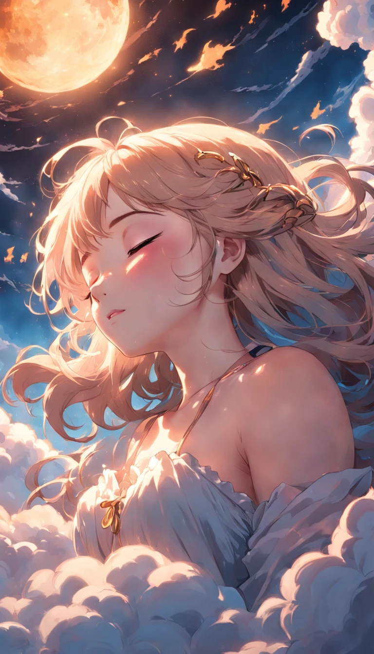 masterpiece, Highest Quality, MovieSteel, 1female, Cloud Lady, Floating in the sky, close-up, brightness, happiness, Warm and soft lighting, sunset, Sleeping, Sleep on your stomach, sleep, eyes closed, fatigue. (sparks:0.7)