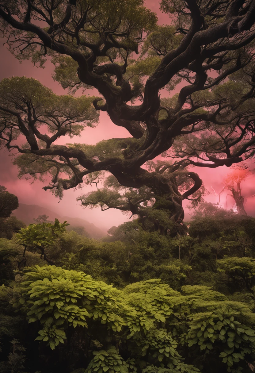 melhor qualidade, obra prima, ultra-high-resolution, (fotografia realista:1.4), surrealismo, Semelhante a um sonho,FusionArt, arvore do jardim do Eden protegida por monstros com raiva