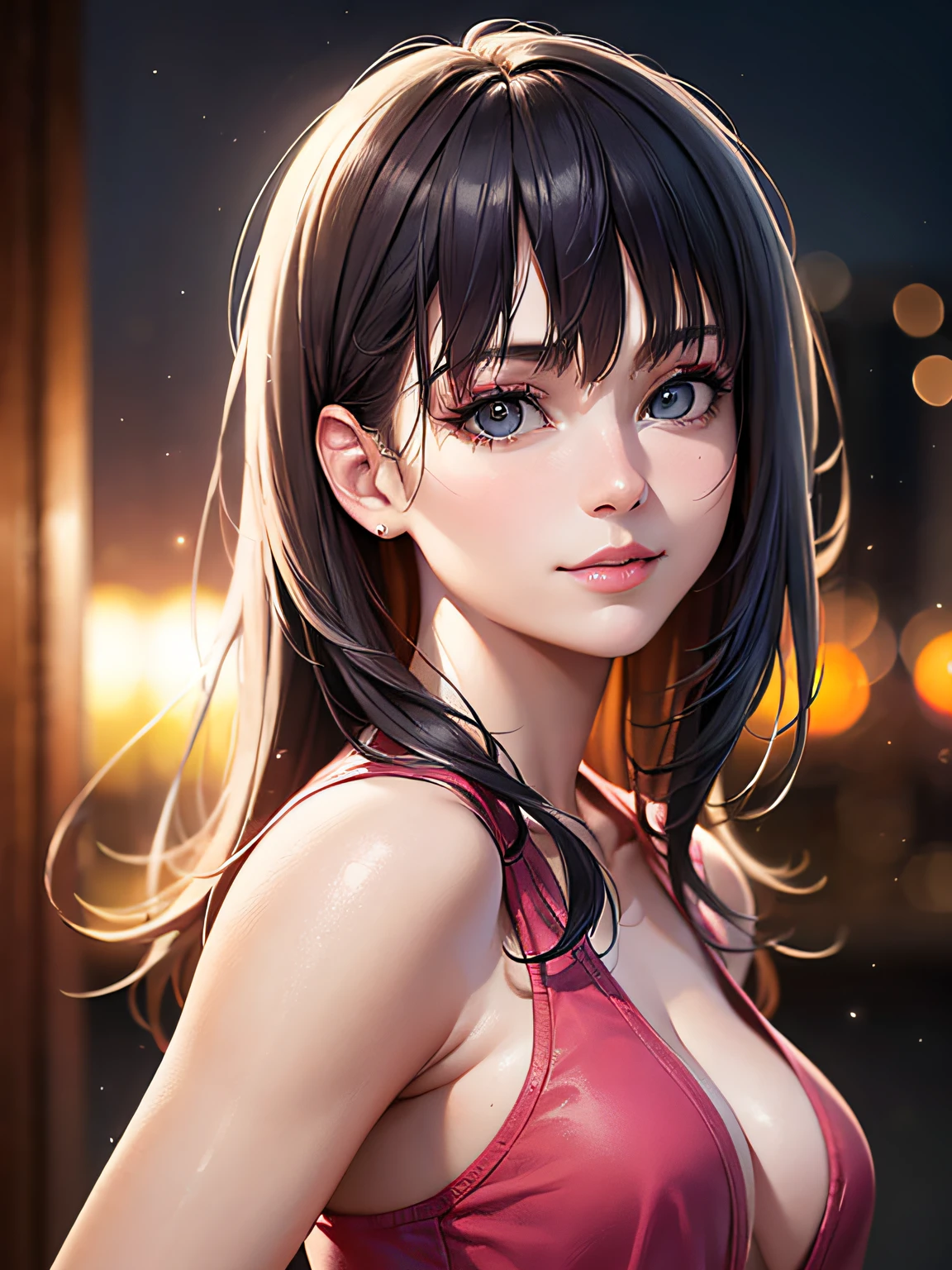 ((Best Quality:1.2, 8K, Sharp Focus, ​master piece: 1.2, Natural light, extremely details CG, Beautiful Girl:1.2, reality, Detailed face textures, Realistic skin, Beautiful makeup, Detailed bangs)), (depth of fields), Bokeh background, Head tilt, Smile, Brown Long Hair, Cowboy Shot, (Pink Crop Jacket), Wind, Selfie , From Side, Looking at Viewer