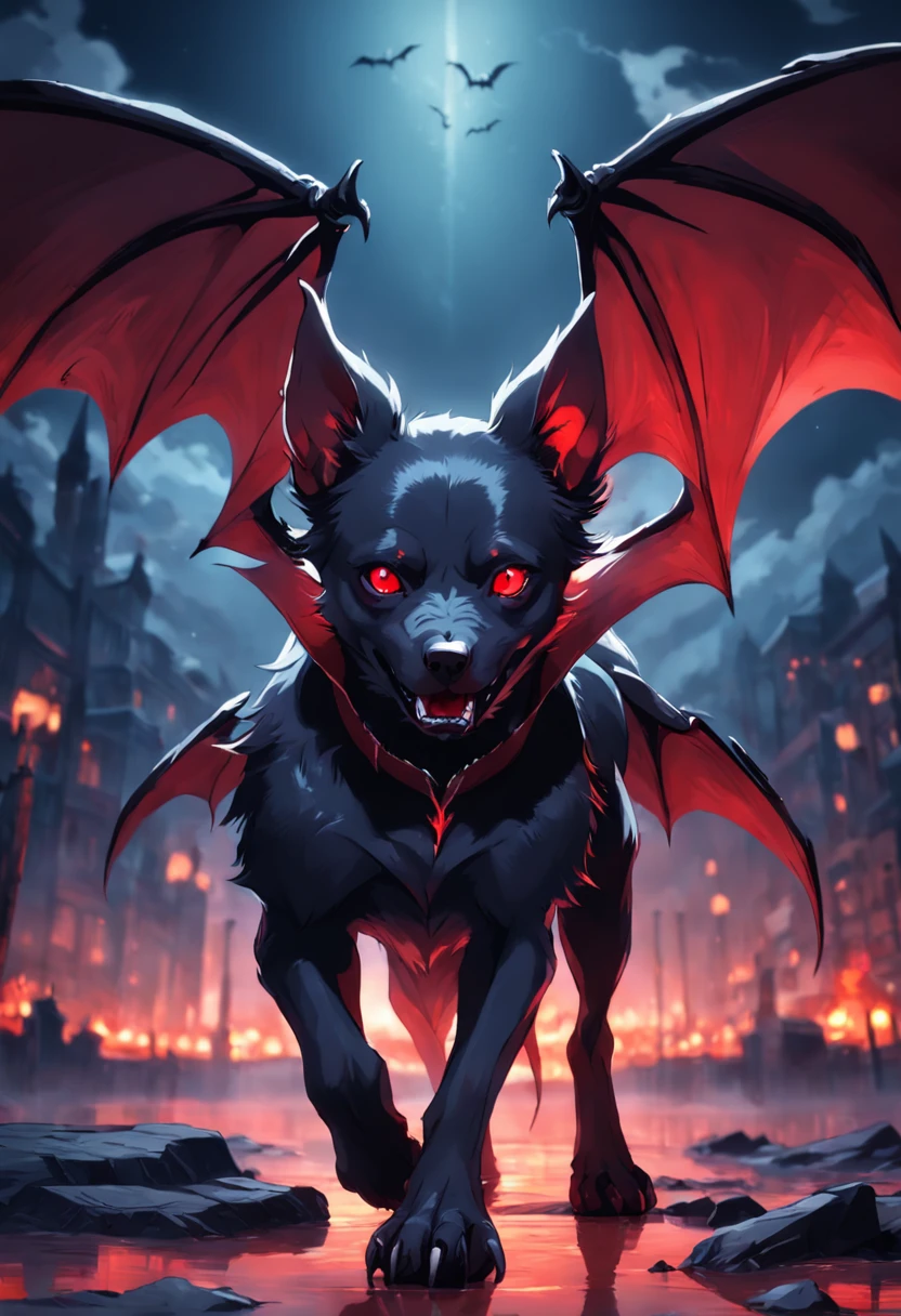A vampire demon dog with red eyes is bat wing
