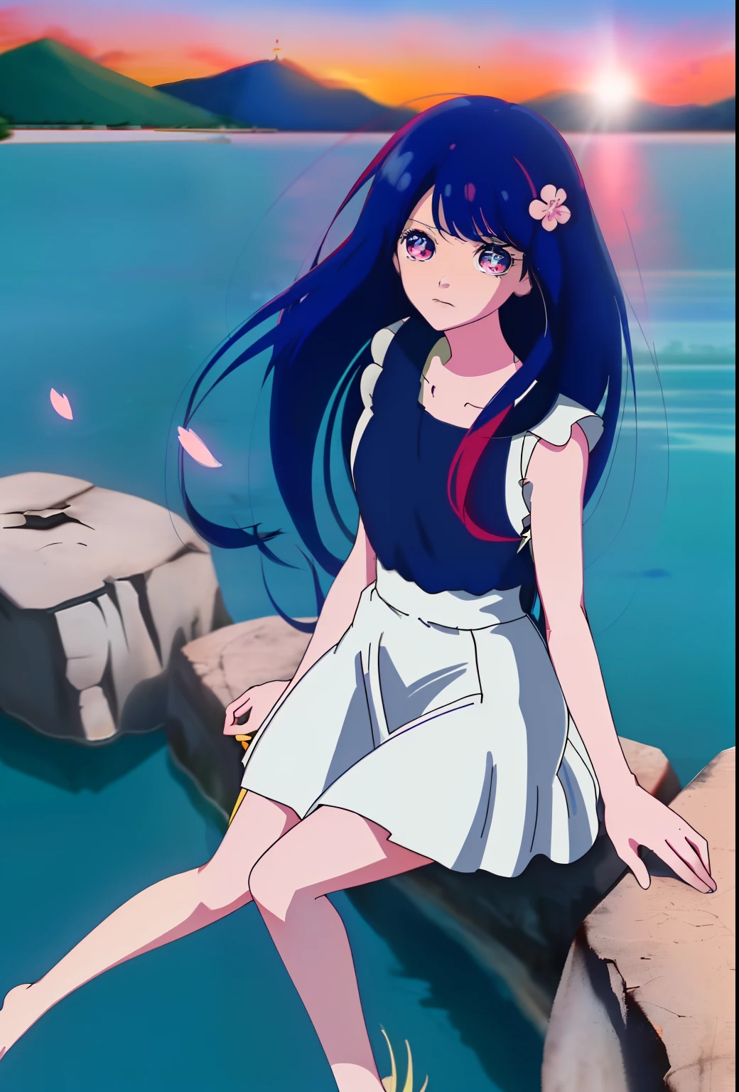 Anime girl surrounded by cherry blossom spiral, ((Blue hair, Long white sleeveless dress, Barefoot)), ((platform: A rock in the middle of the lake)),surprised face, 4K, 2D, ((Anime style)), ((Perfect face)), Perfect location, Sunset, ((Location: Seated)), The influence of Little Hearts, 1girll, ((The eye)), ((Perfect mouth))