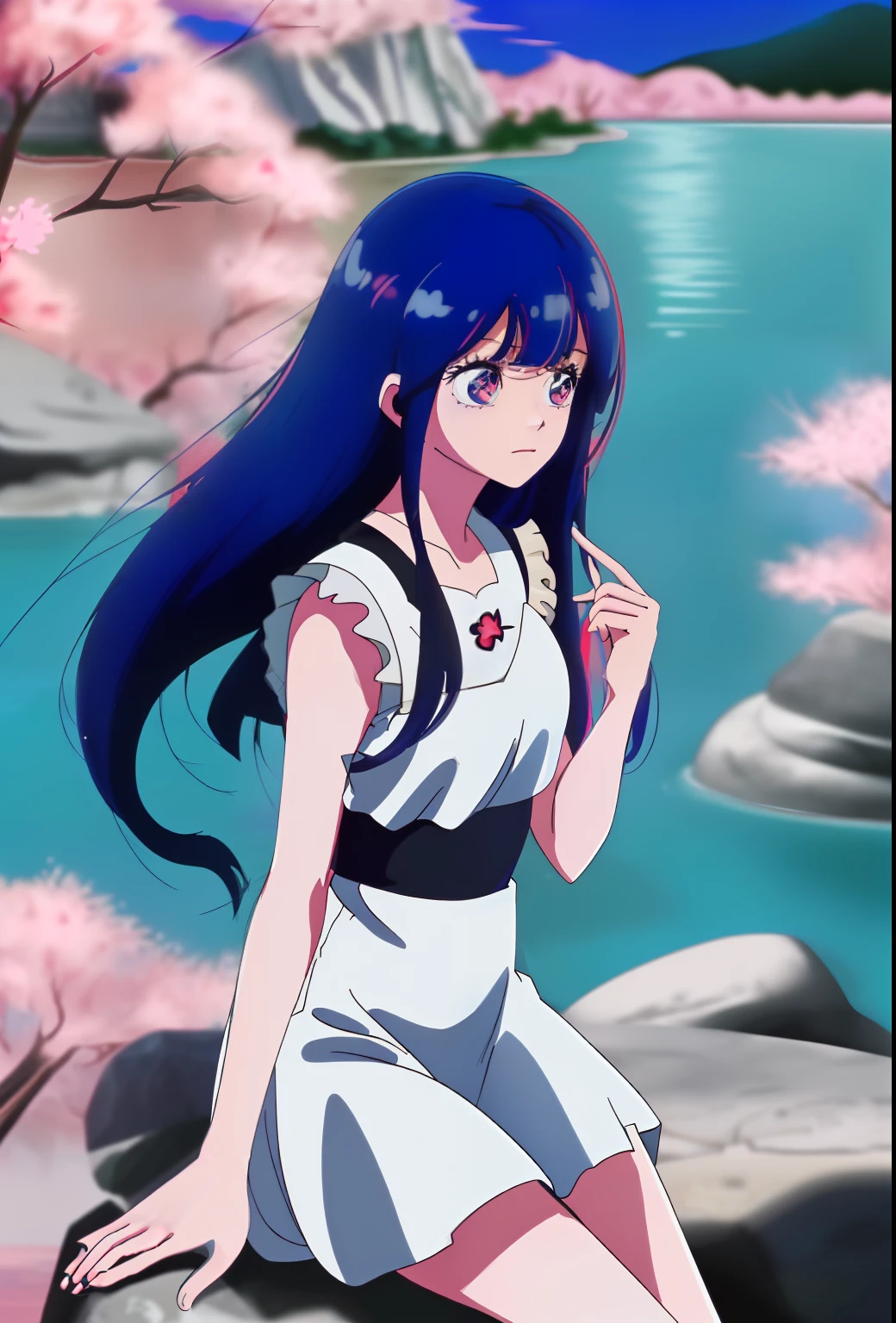 Anime girl surrounded by cherry blossom spiral, ((Blue hair, Long white sleeveless dress, Barefoot)), ((platform: A rock in the middle of the lake)),surprised face, 4K, 2D, ((Anime style)), ((Perfect face)), Perfect location, Sunset, ((Location: Seated)), The influence of Little Hearts, 1girll, ((The eye)), ((Perfect mouth))