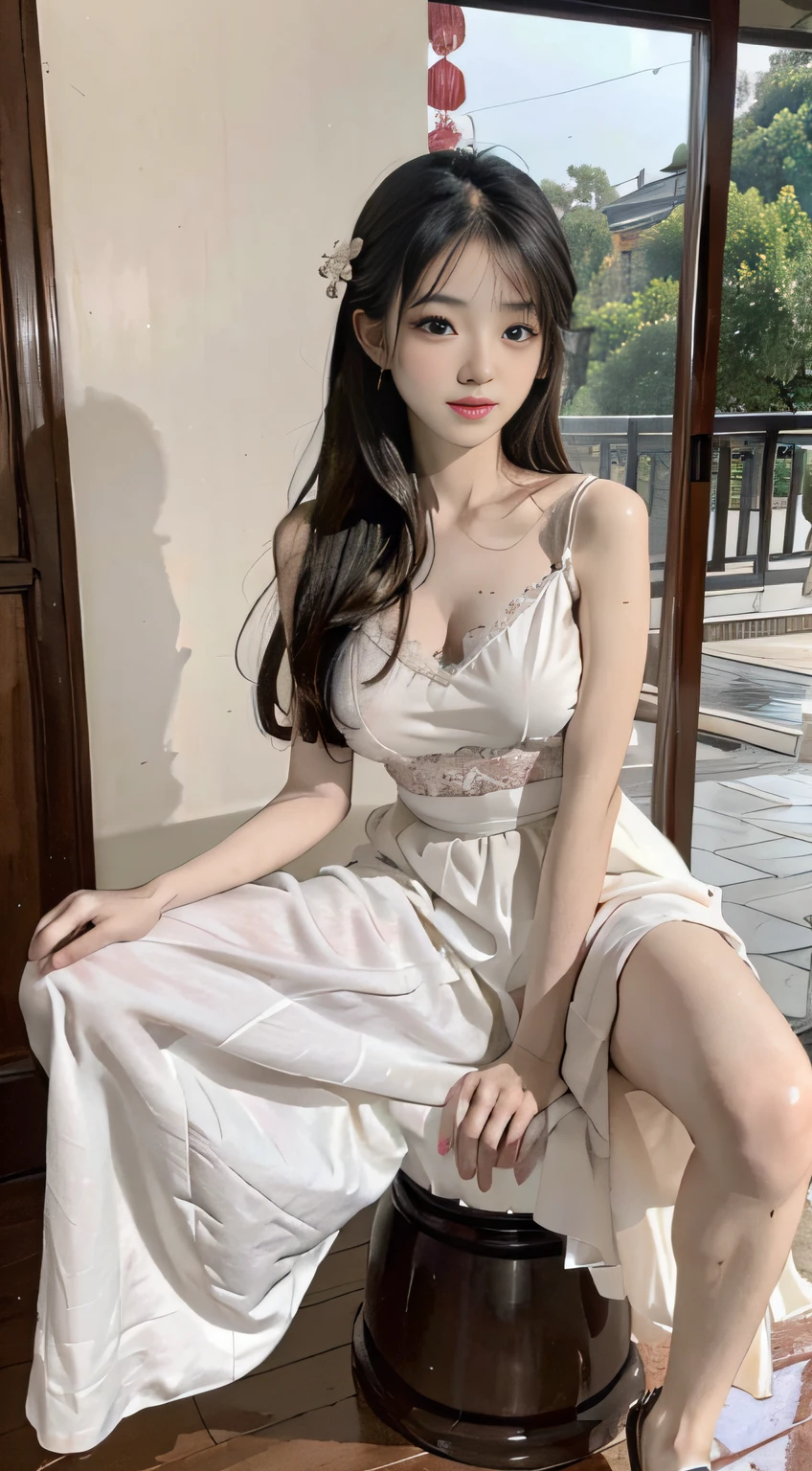 Master quality, highest quality, best picture quality, exaggerated details, a cute 8 asian little gth a shy expression, slightly squinted eyes, adjusting her hair, long eyelashes (long hair / very, very exaggerated big breasts, big tits / in petticoat dress tissue, ), posing above look down sit in front of the camera, wet breast hanfu, slim and tall waist, silk lace, xintong chen, with open v acient chinese clothes, detail breast , detail cheast