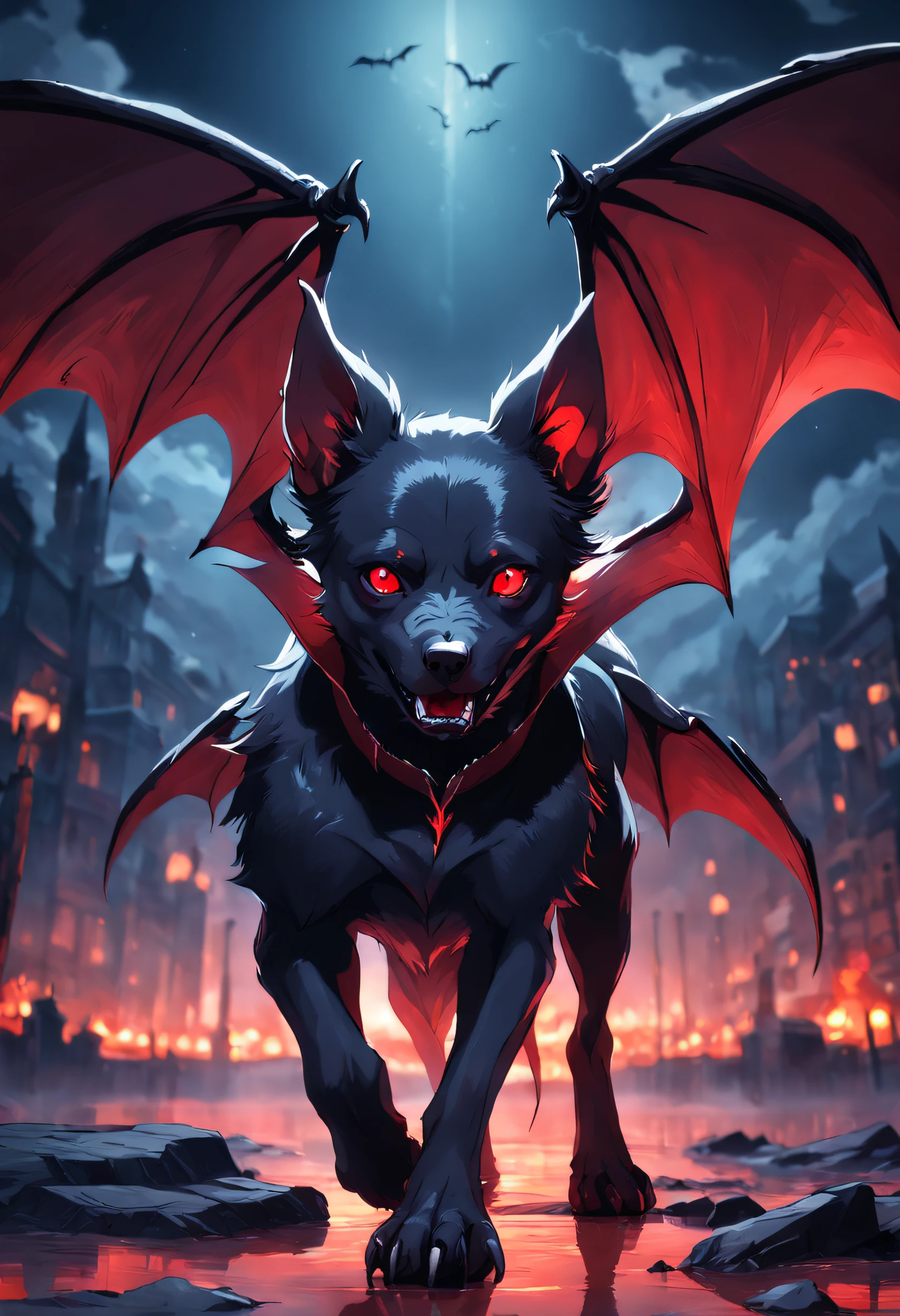 A vampire demon dog with red eyes is bat wing