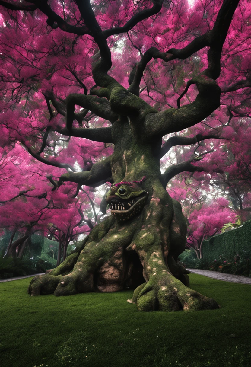 jardim bonito com uma arvore principal no meio; Monstrous guards around the garden doing the protection; estilo esoterico