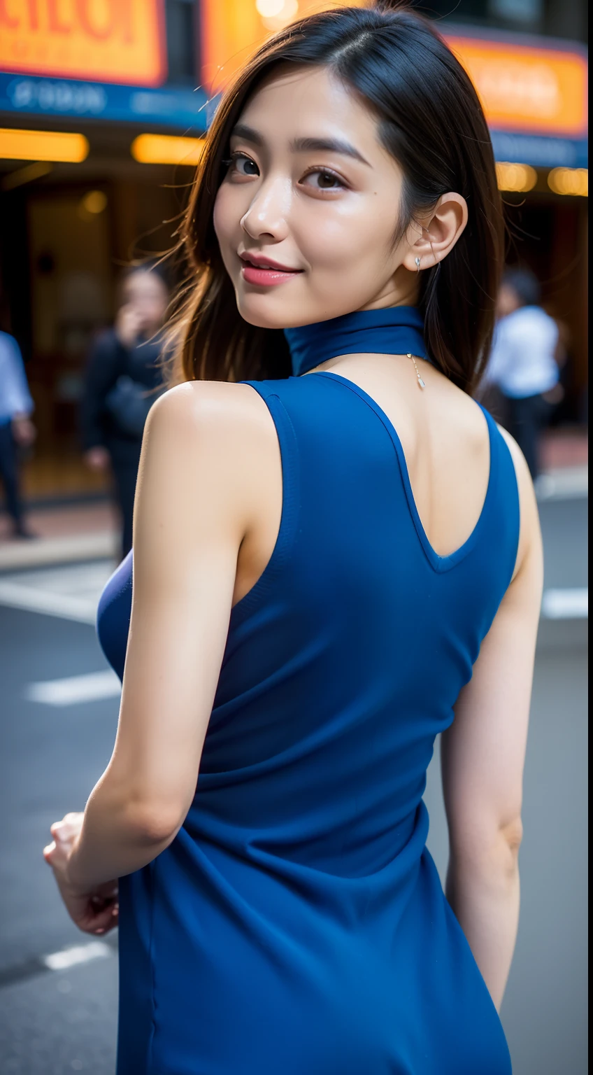 ​masterpiece, top-quality, 超A high resolution, (Photorealsitic:1.4), 32K,beautiful  lighting, Raw photography, 8K UHD,Side angle,A detailed face, A detailed eye,Detailed eyes,Symmetrical eyes,Good balance between the left and right eyes,no-makeup:1.5,beautiful a girl, Cute little girl s,18year old,(((cabelos preto e longos、One-length,with round face,a baby face,Young Face, Narrow eyebrows,round upturned nose,Letter to))), (((［sticks to the body、Tight blue knit long dress with clear body line,deep v neck］,Dresses with open shoulders,a choker,a necklace,耳Nipple Ring,This is a common-sense configuration,Not erotic))),(Sensual body lines,Feminine body line,Colossal tits:1.5,Big buttocks:1.2),((sideboob barbosa:1.5)),Late night street corner,Night view of the city, Blurry night view,The night view is blurry,longshot,Facing backwards、Looks Back,Fluttering breasts:1.5,Accentuated cleavage,Protruding buttocks,