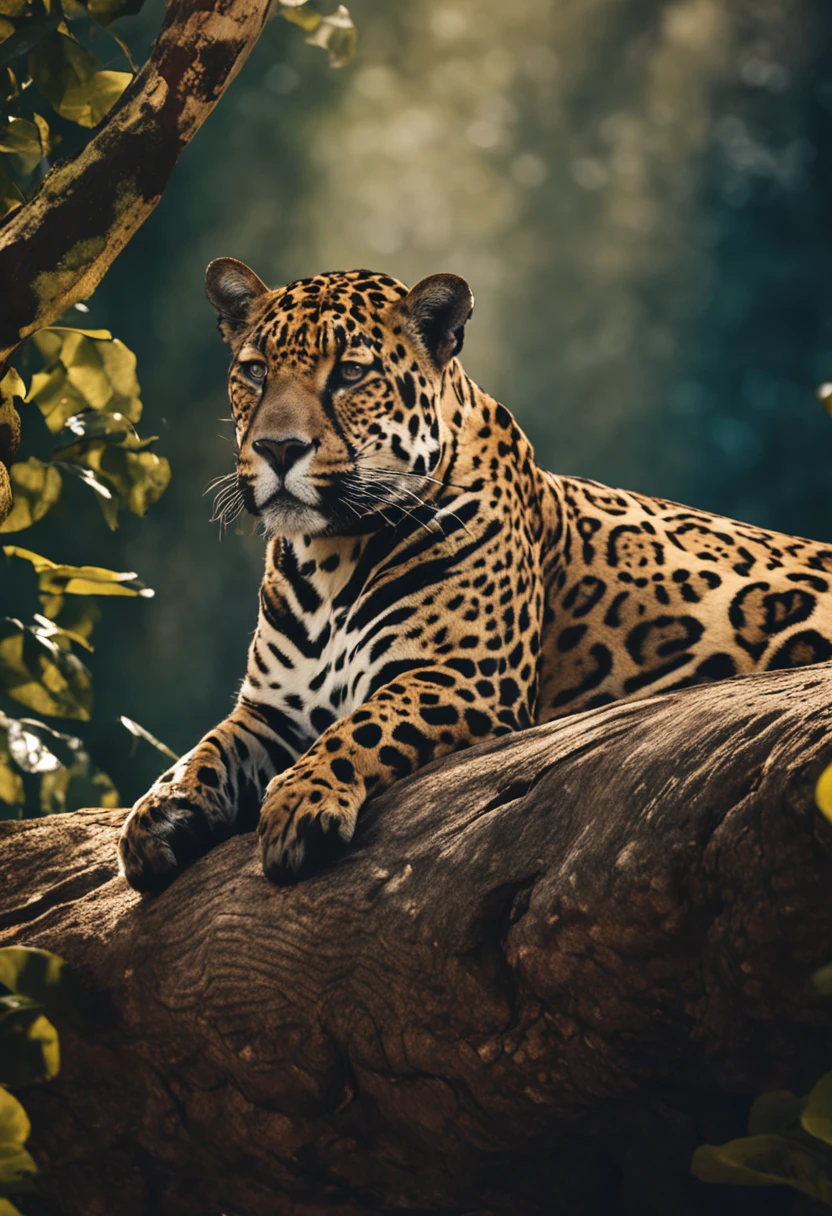 Place a majestic jaguar resting in the shade of a tree