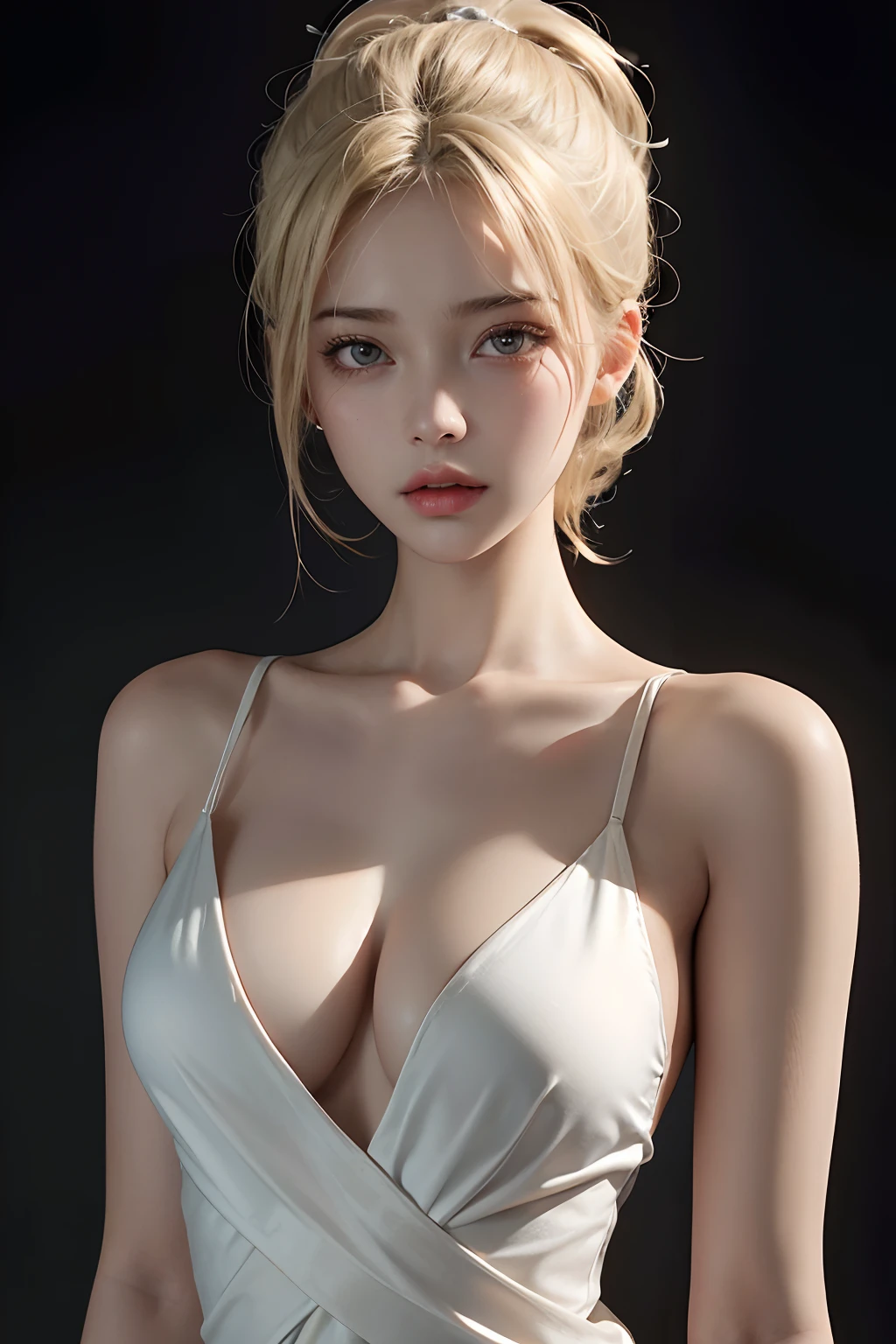 a 20 yo woman,The blonde,(High top fade in and out:1.3),dark themes,soothing tones,pastelcolor,hight contrast,(Natural skin texture,ultra-realistic realism,the soft light,Sharp)Bare upper body with bare breasts