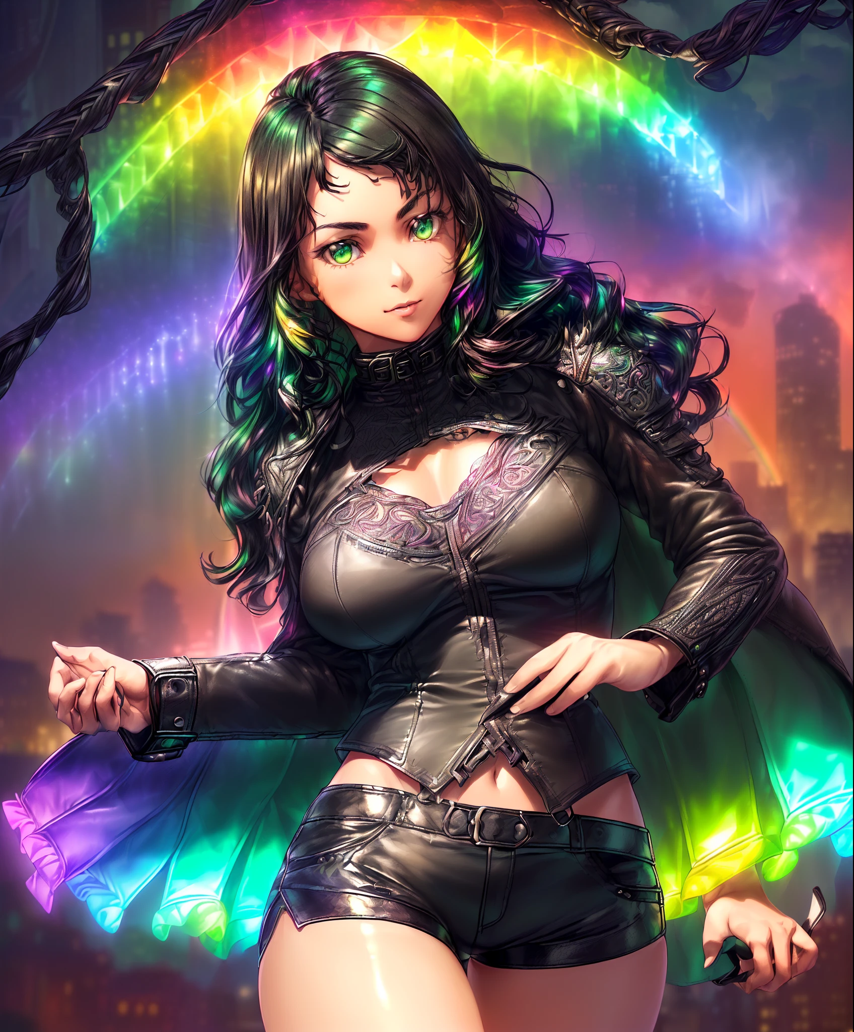 ((((((A young woman))), the anime, ( Green eyes), (black hair), Nice face, ssmile, the perfect body, Wavy Hair, hairlong, (((morena))), big breastes, ((tmasterpiece, beste-Qualit)), illustartion, ультра детализированная 8k, Photorealistic, sharp-focus, higly detailed, Professional lighting, colorful details, Rainbow colors, Glowing, intricate detials, Vivid details, leather shorts, Luminous strap, Top Mom, leather coat, city   of the future