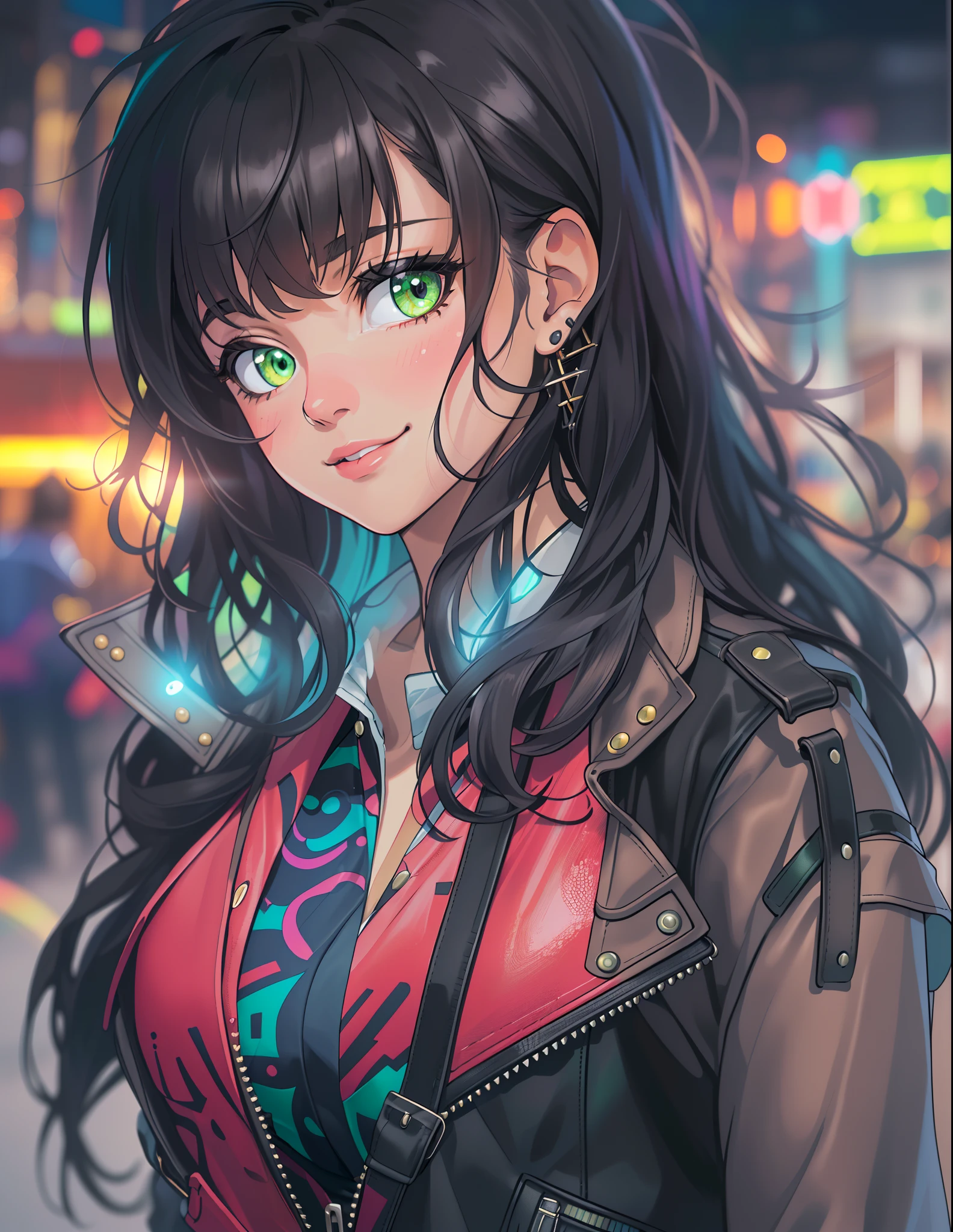 ((((A young woman))), the anime, ( Green eyes), (black hair), Nice face, ssmile, the perfect body, Wavy Hair, hairlong, (((morena))), big breastes, ((tmasterpiece, beste-Qualit)), illustartion, ультра детализированная 8k, Photorealistic, sharp-focus, higly detailed, Professional lighting, colorful details, Rainbow colors, Glowing, intricate detials, Vivid details, leather shorts, Luminous strap,  Top Mom, leather coat, city   of the future